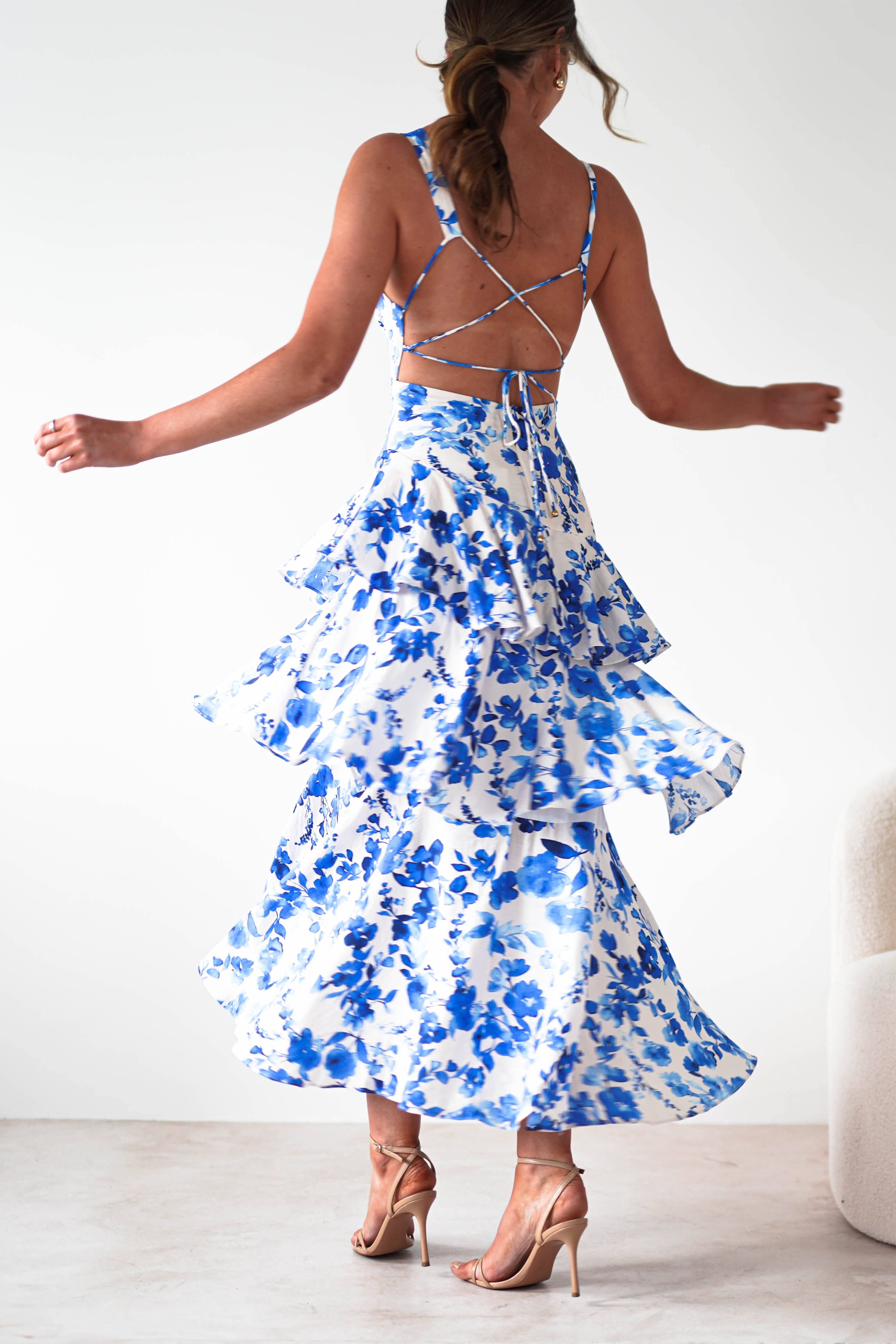 Varana Floral Ruffle Maxi Dress | Blue Print | Oh Hello Clothing | XS (6)