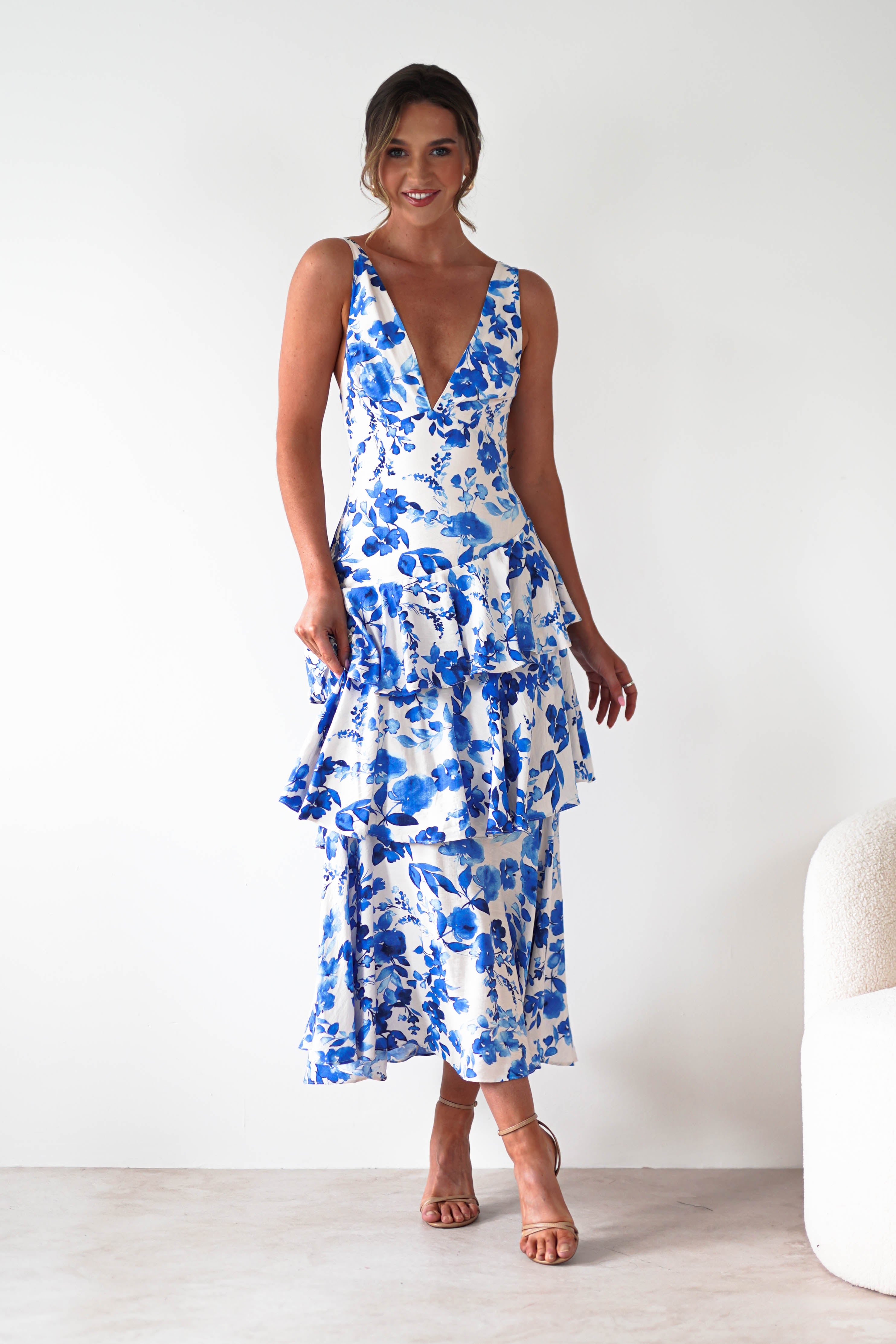 Varana Floral Ruffle Maxi Dress | Blue Print | Oh Hello Clothing | XS (6)