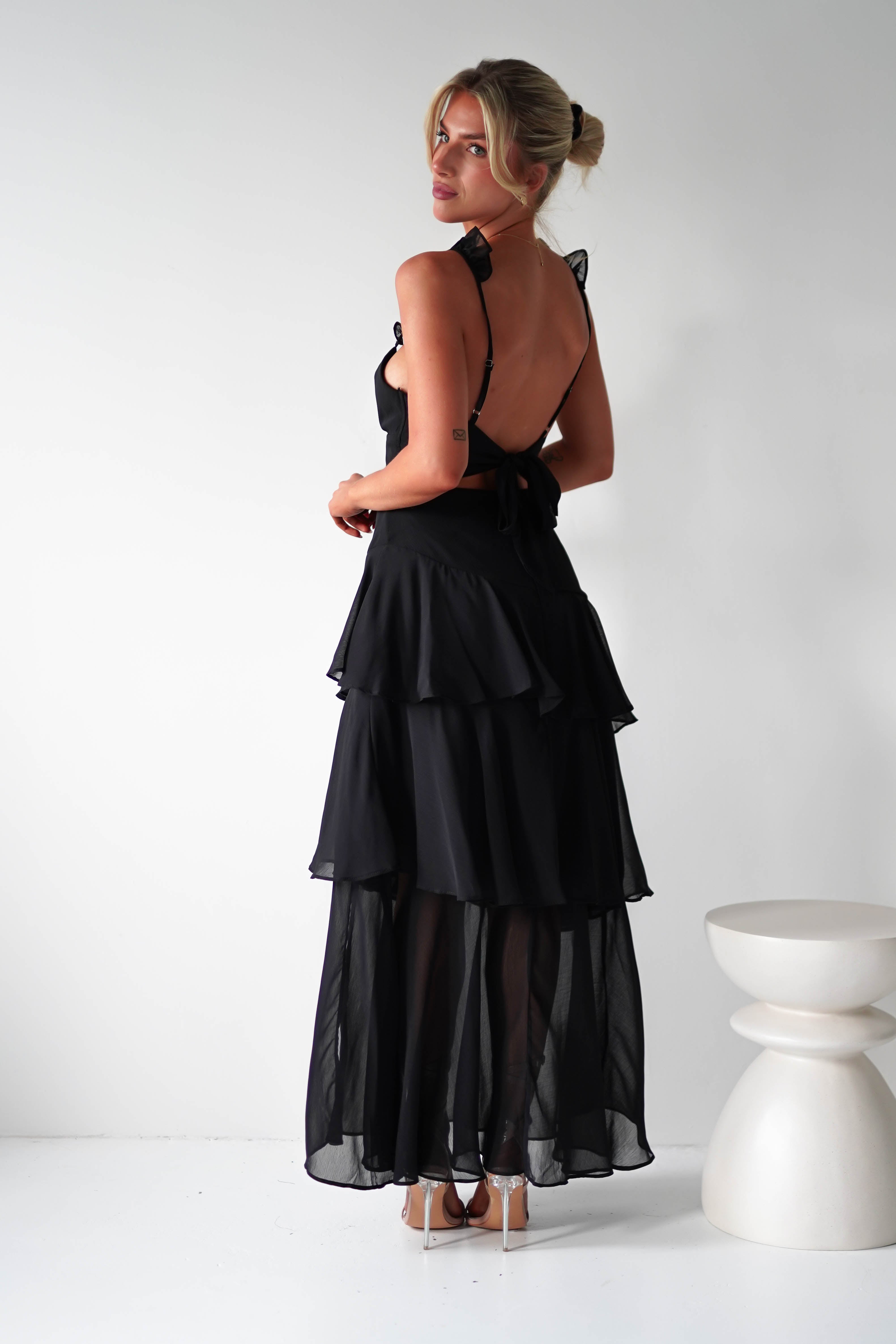 Victoria Ruffle Midaxi Dress | Black | Oh Hello Clothing | XS (6)