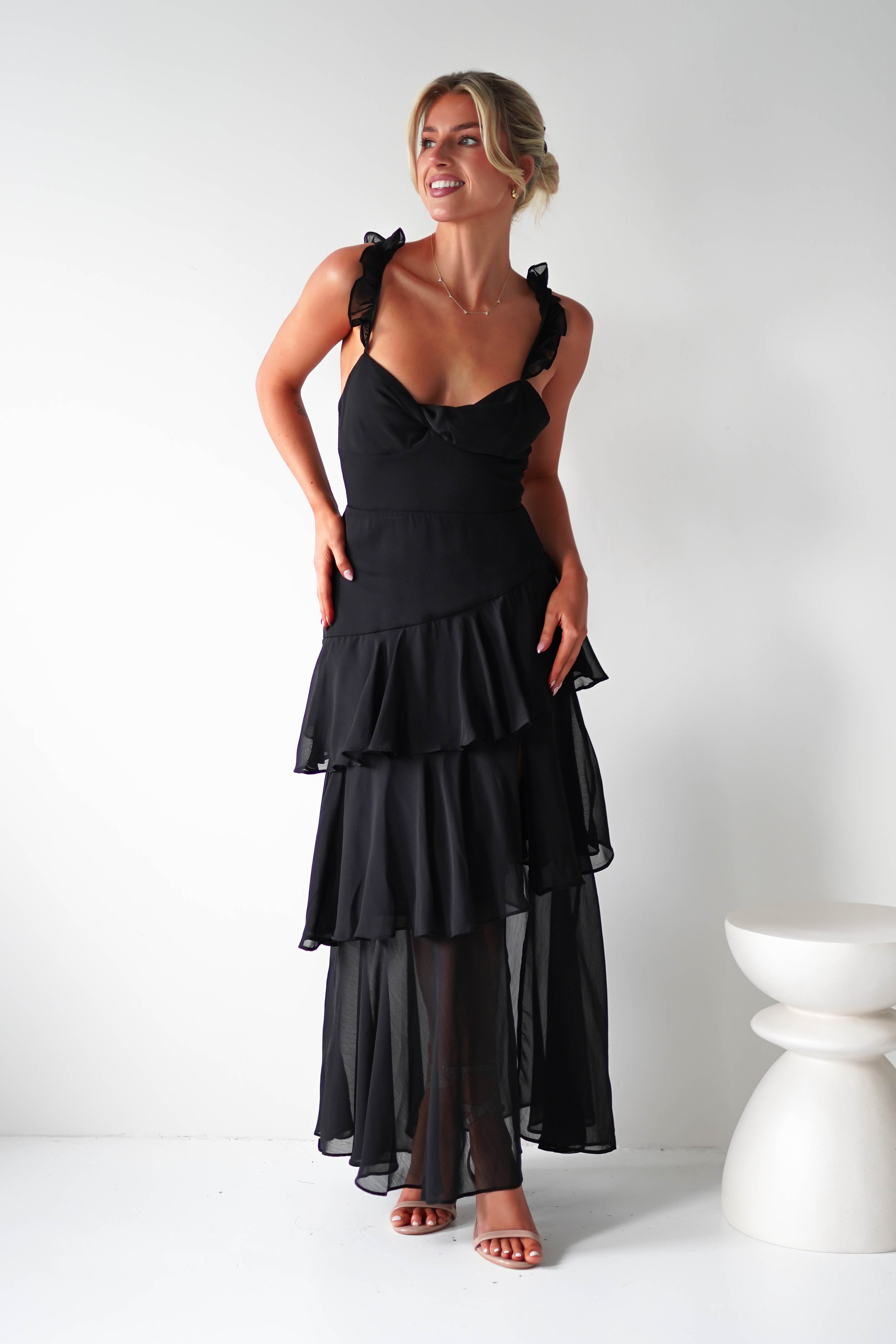 Victoria Ruffle Midaxi Dress | Black | Oh Hello Clothing | XS (6)