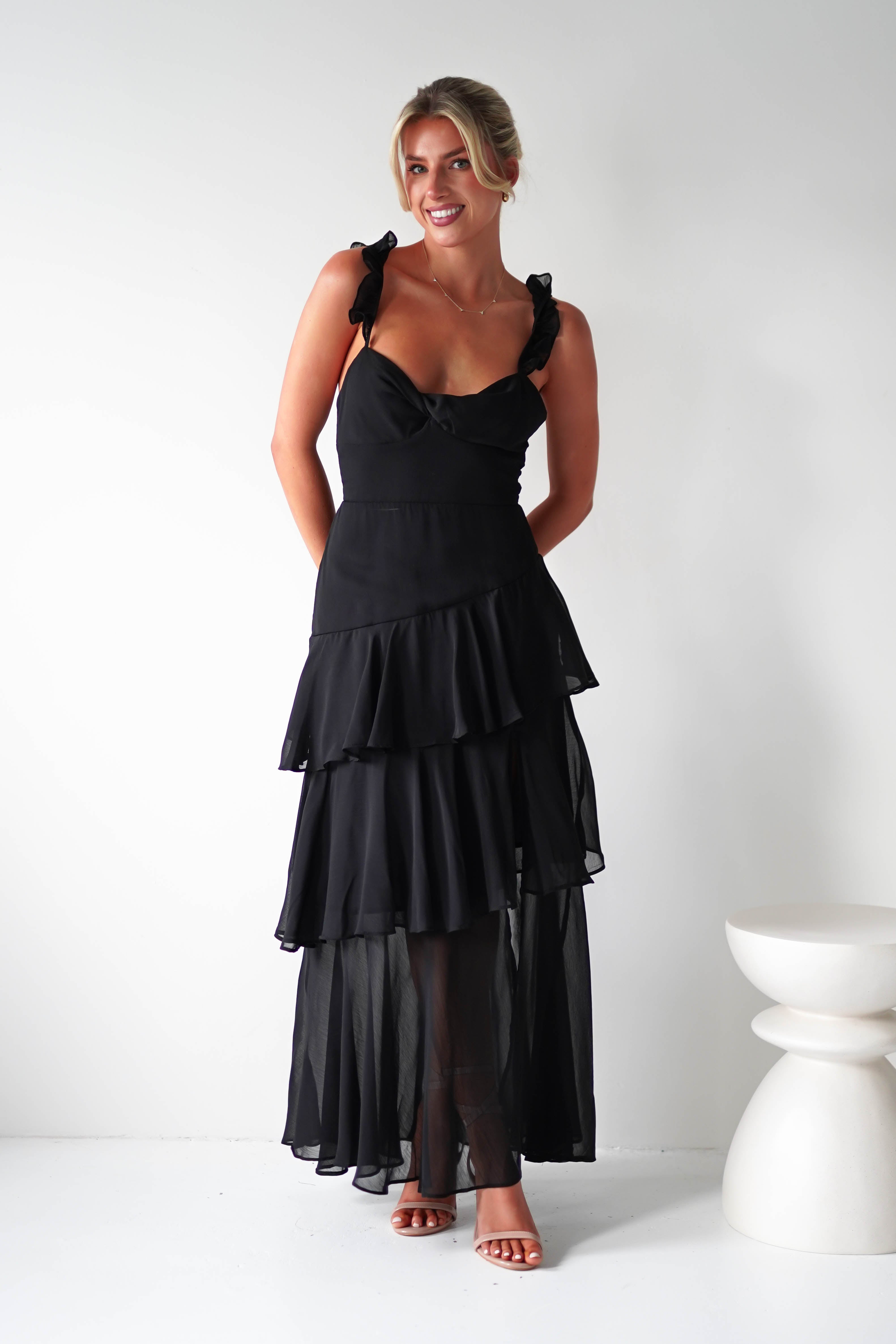 Victoria Ruffle Midaxi Dress | Black | Oh Hello Clothing | XS (6)