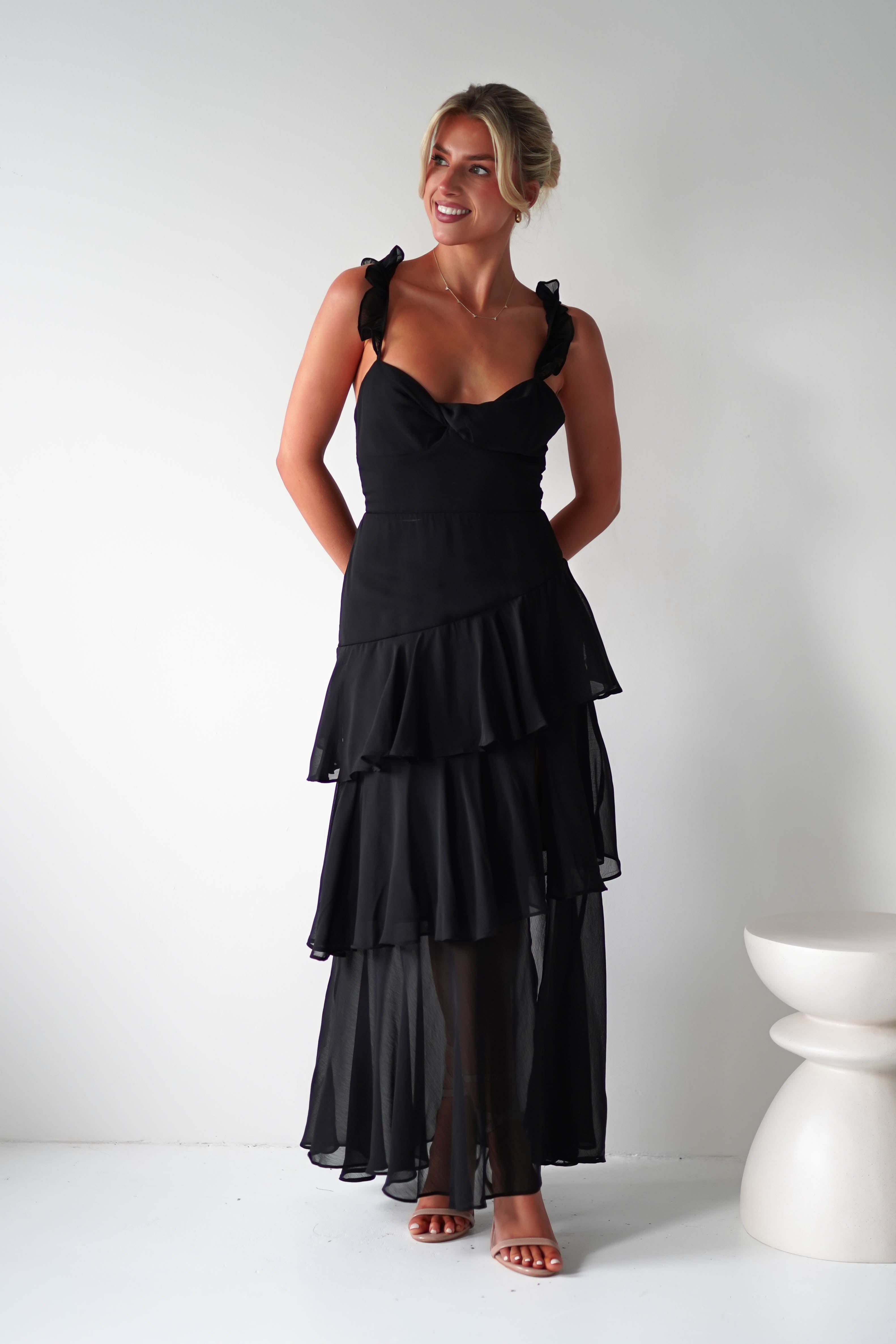 Victoria Ruffle Midaxi Dress | Black | Oh Hello Clothing | XS (6)