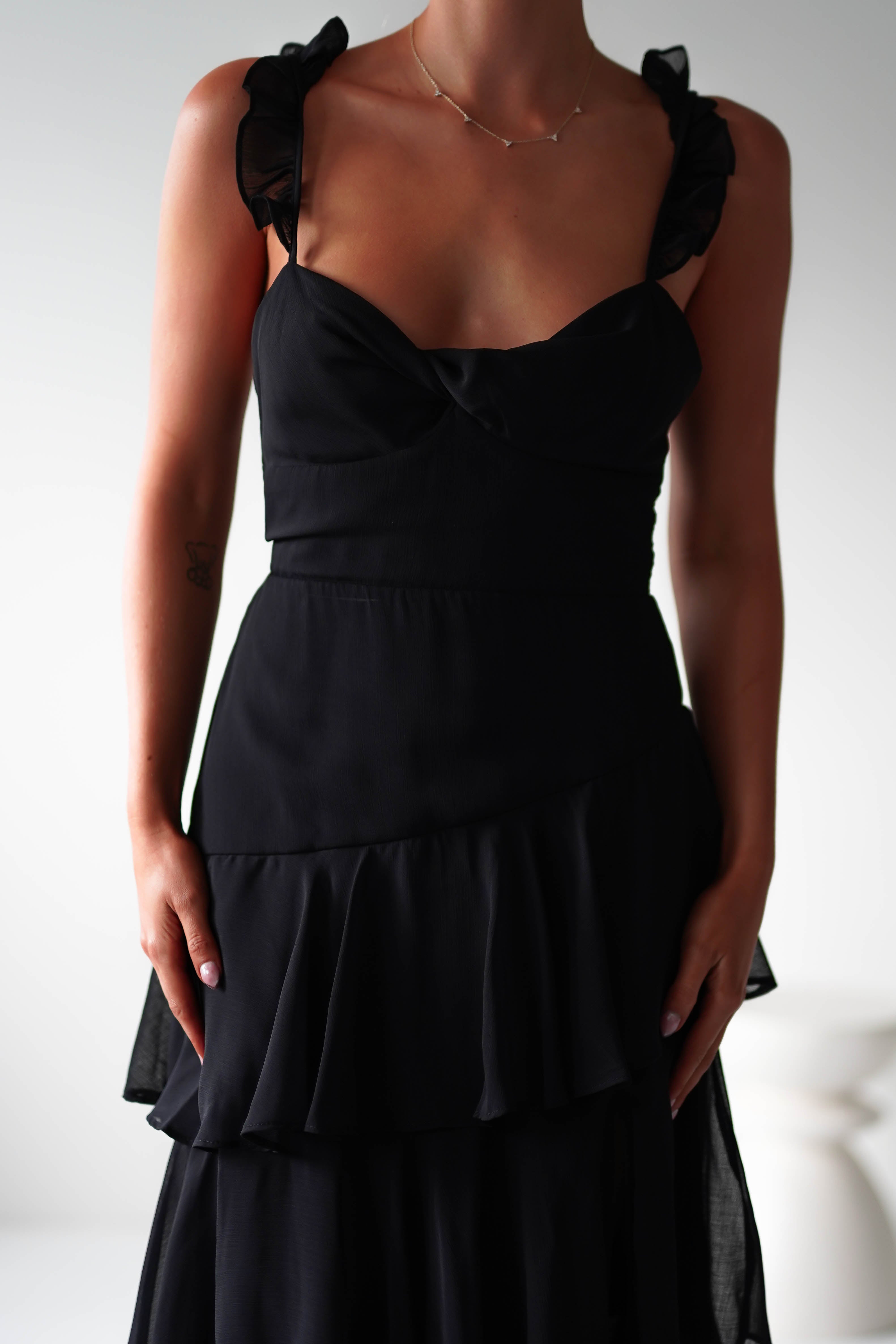 Victoria Ruffle Midaxi Dress | Black | Oh Hello Clothing | XS (6)