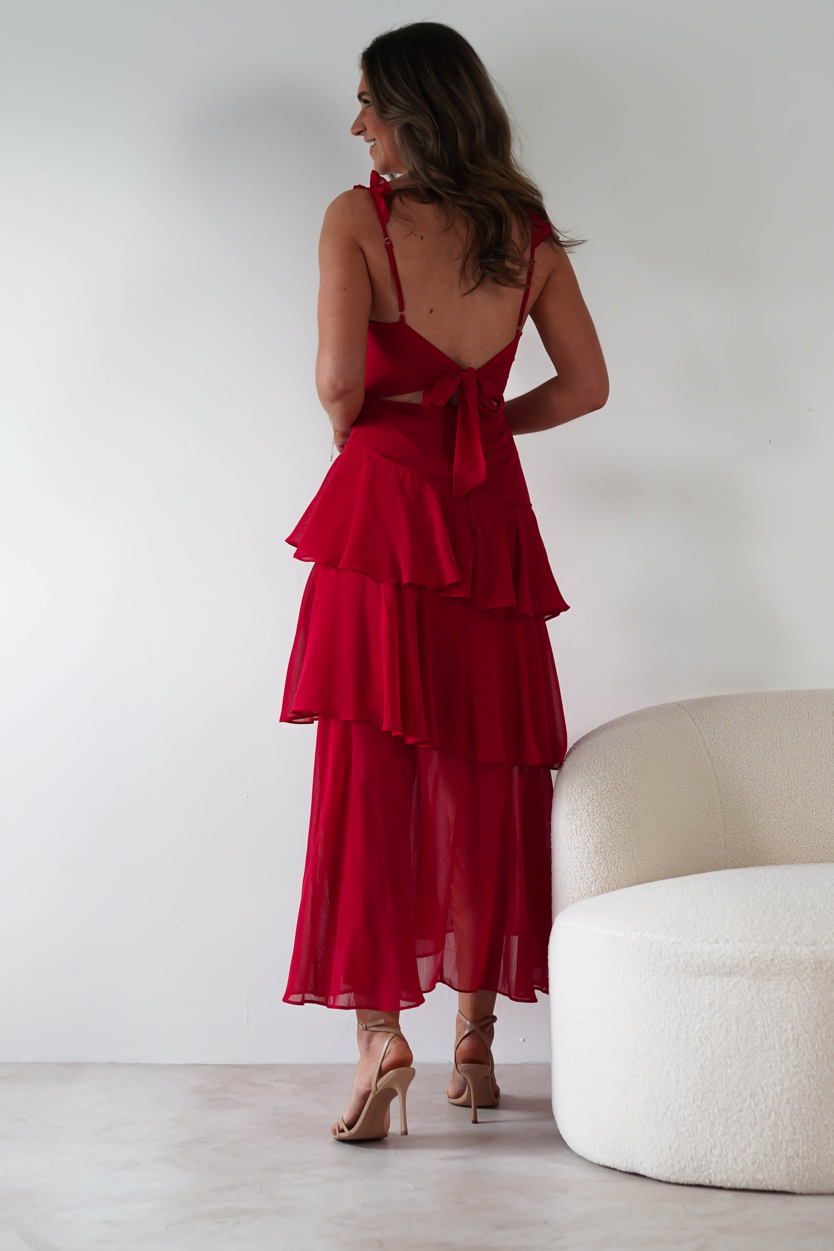 Victoria Ruffle Midaxi Dress | Red | Oh Hello Clothing | XS (6)