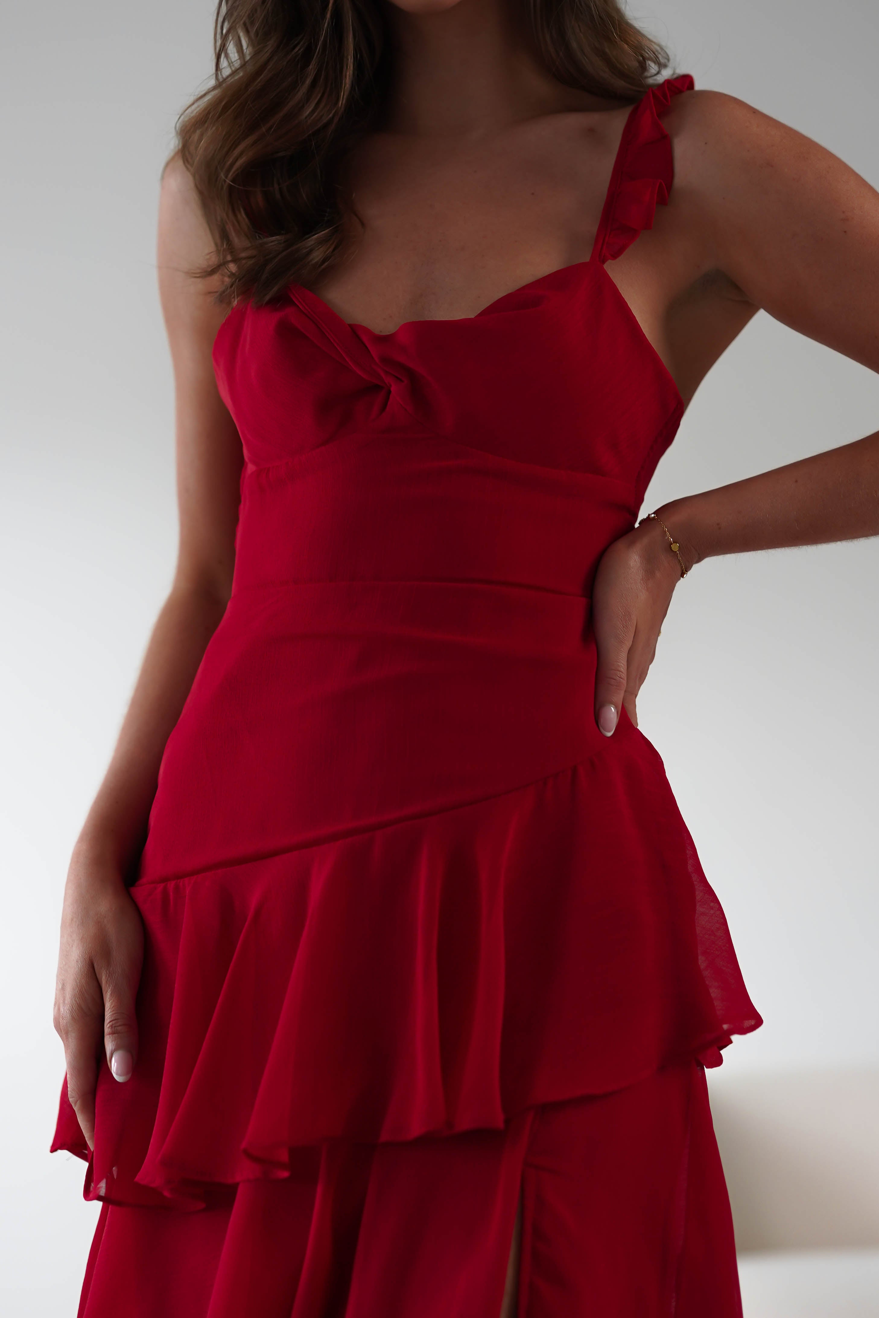 Victoria Ruffle Midaxi Dress | Red | Oh Hello Clothing | XS (6)