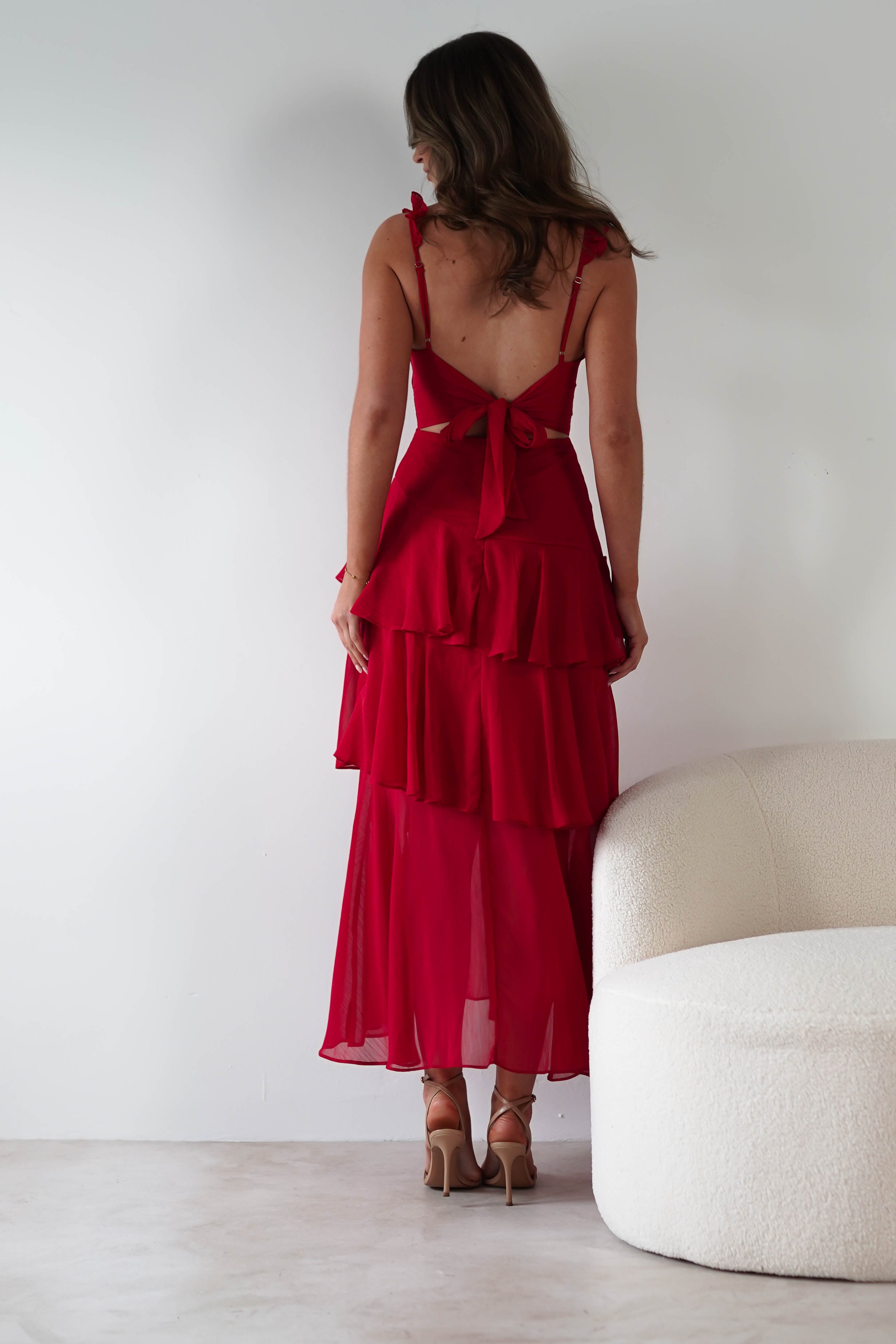 Victoria Ruffle Midaxi Dress | Red | Oh Hello Clothing | XS (6)