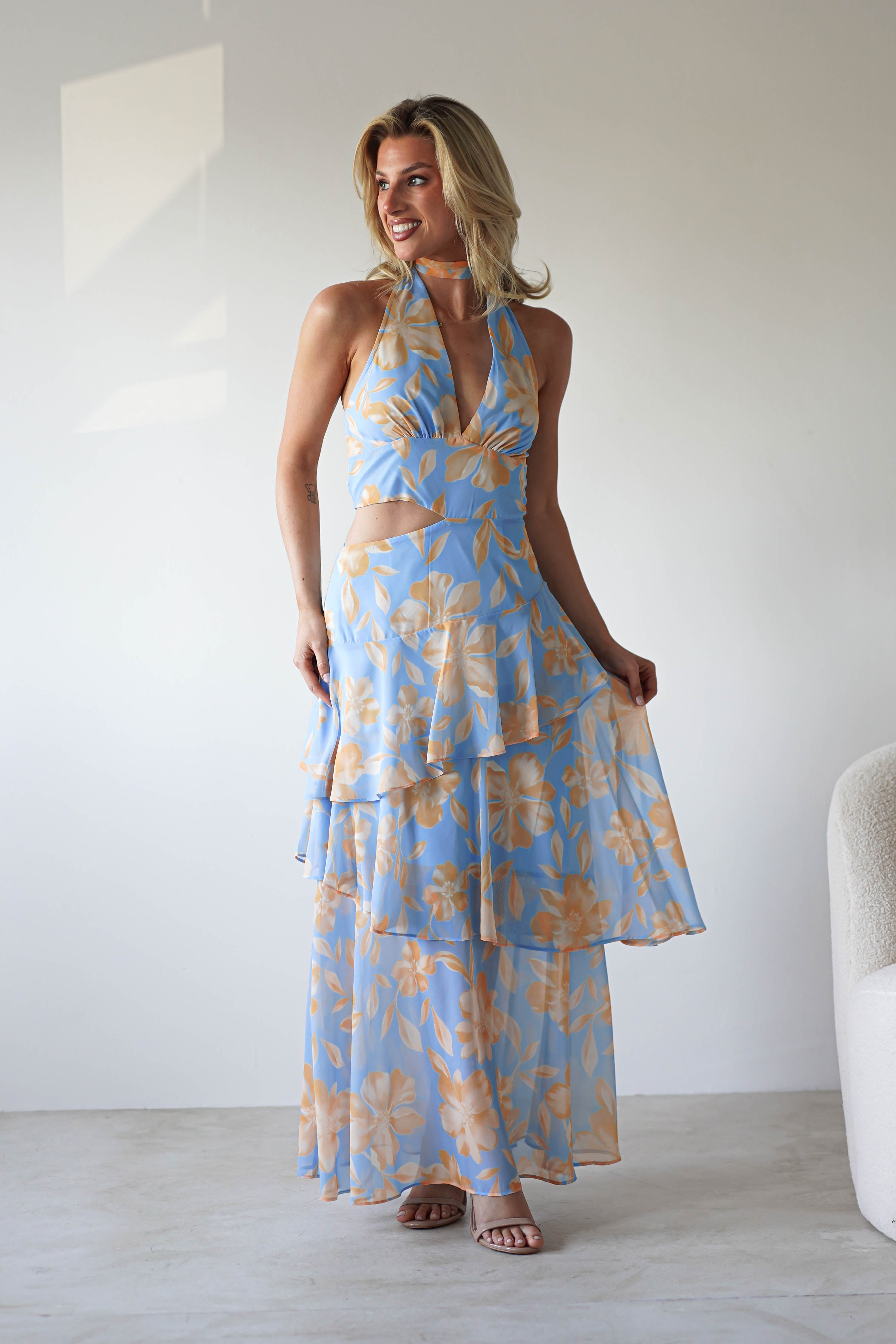 Lohan Ruffle Floral Maxi Print Dress | Blue | Oh Hello Clothing | XS (6)