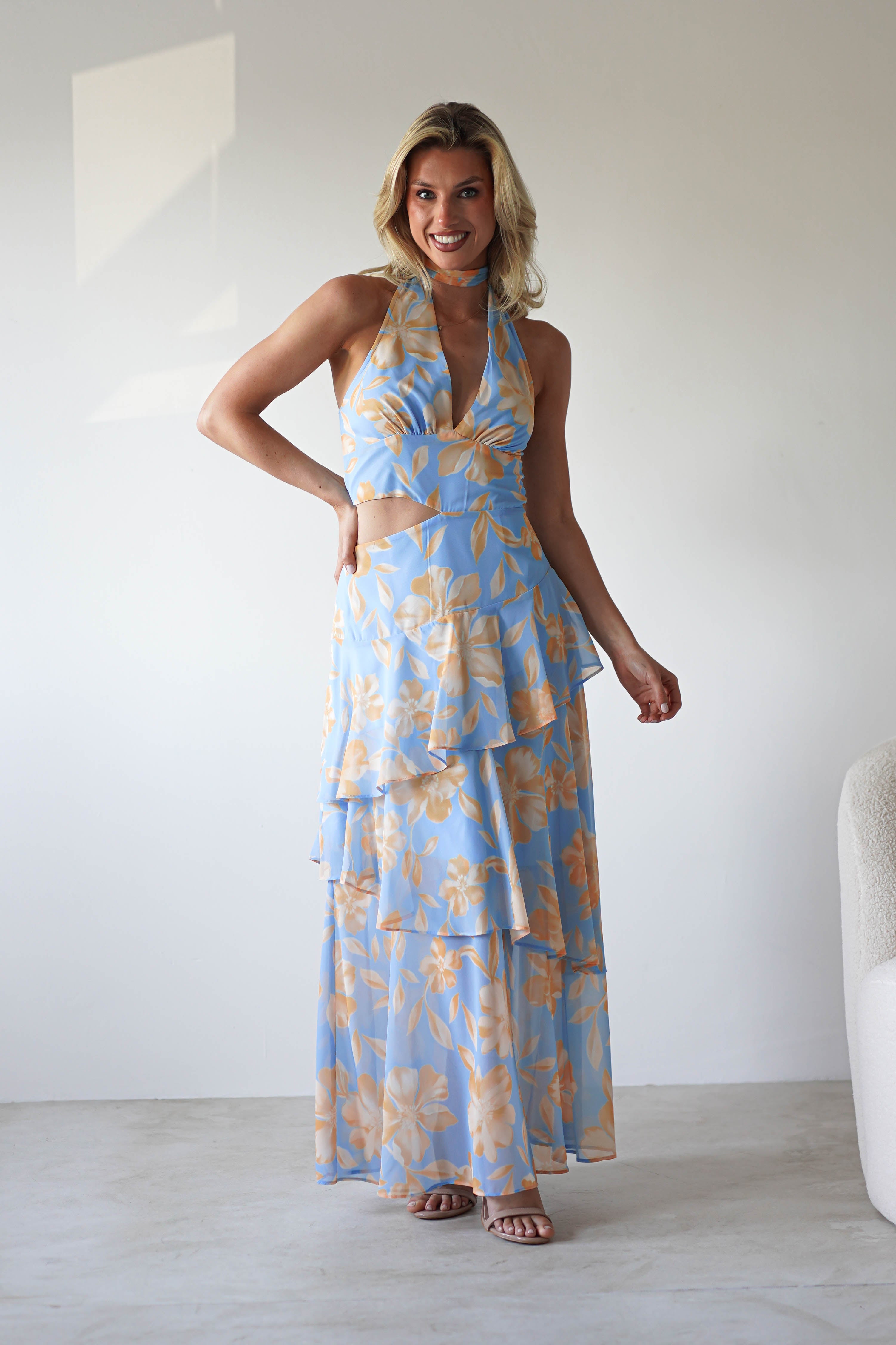 Lohan Ruffle Floral Maxi Print Dress | Blue | Oh Hello Clothing | XS (6)