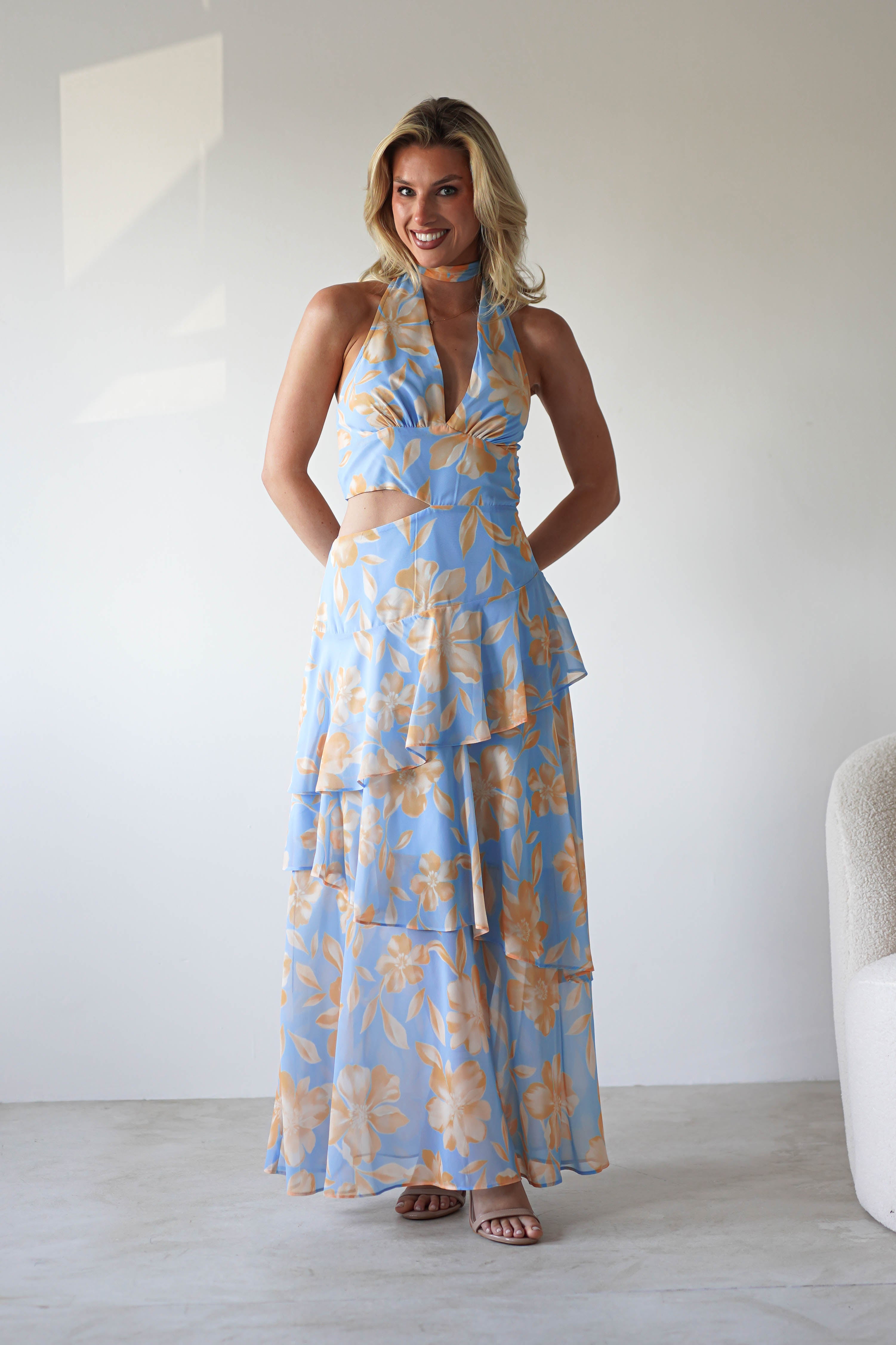 Lohan Ruffle Floral Maxi Print Dress | Blue | Oh Hello Clothing | XS (6)