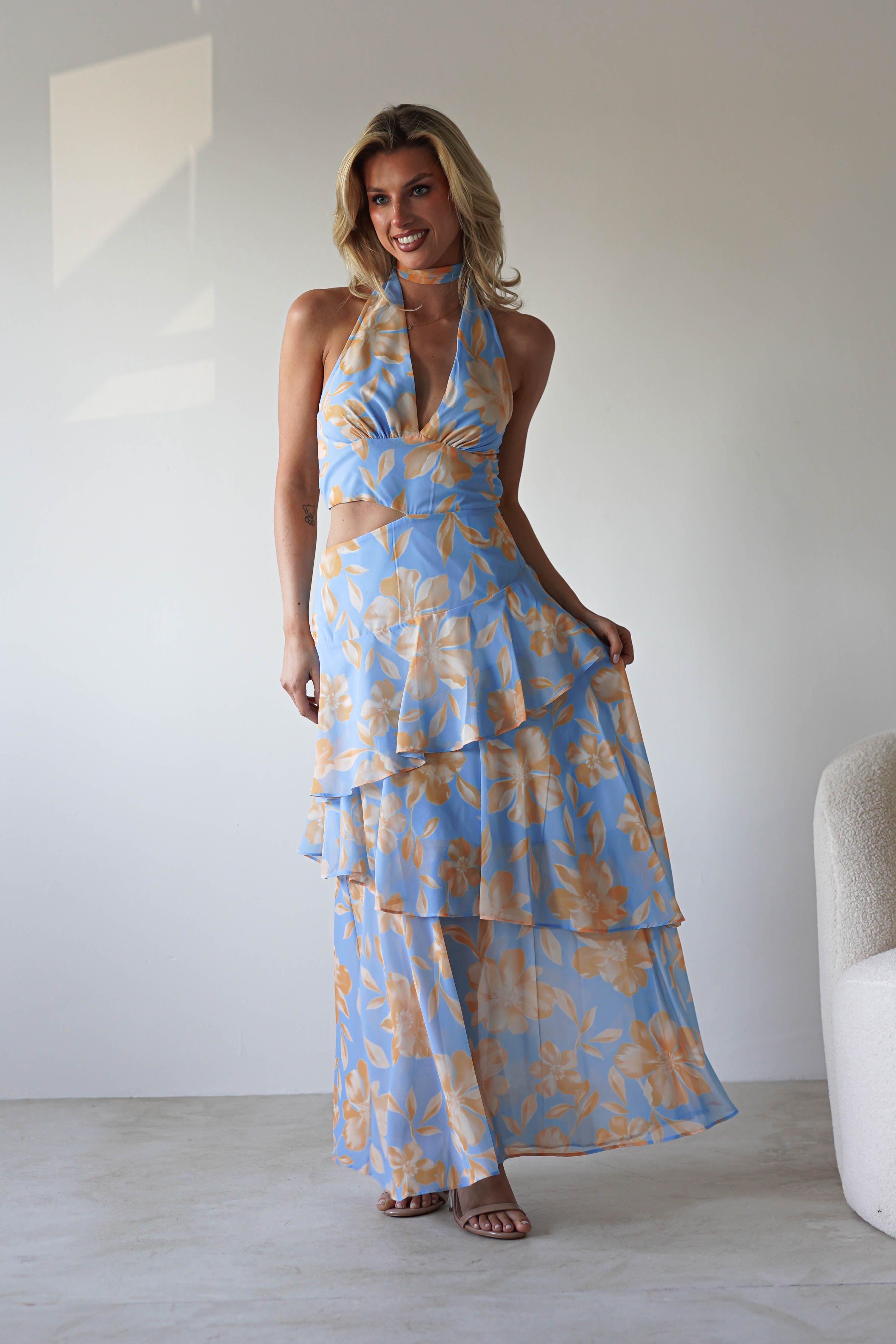 Lohan Ruffle Floral Maxi Print Dress | Blue | Oh Hello Clothing | XS (6)