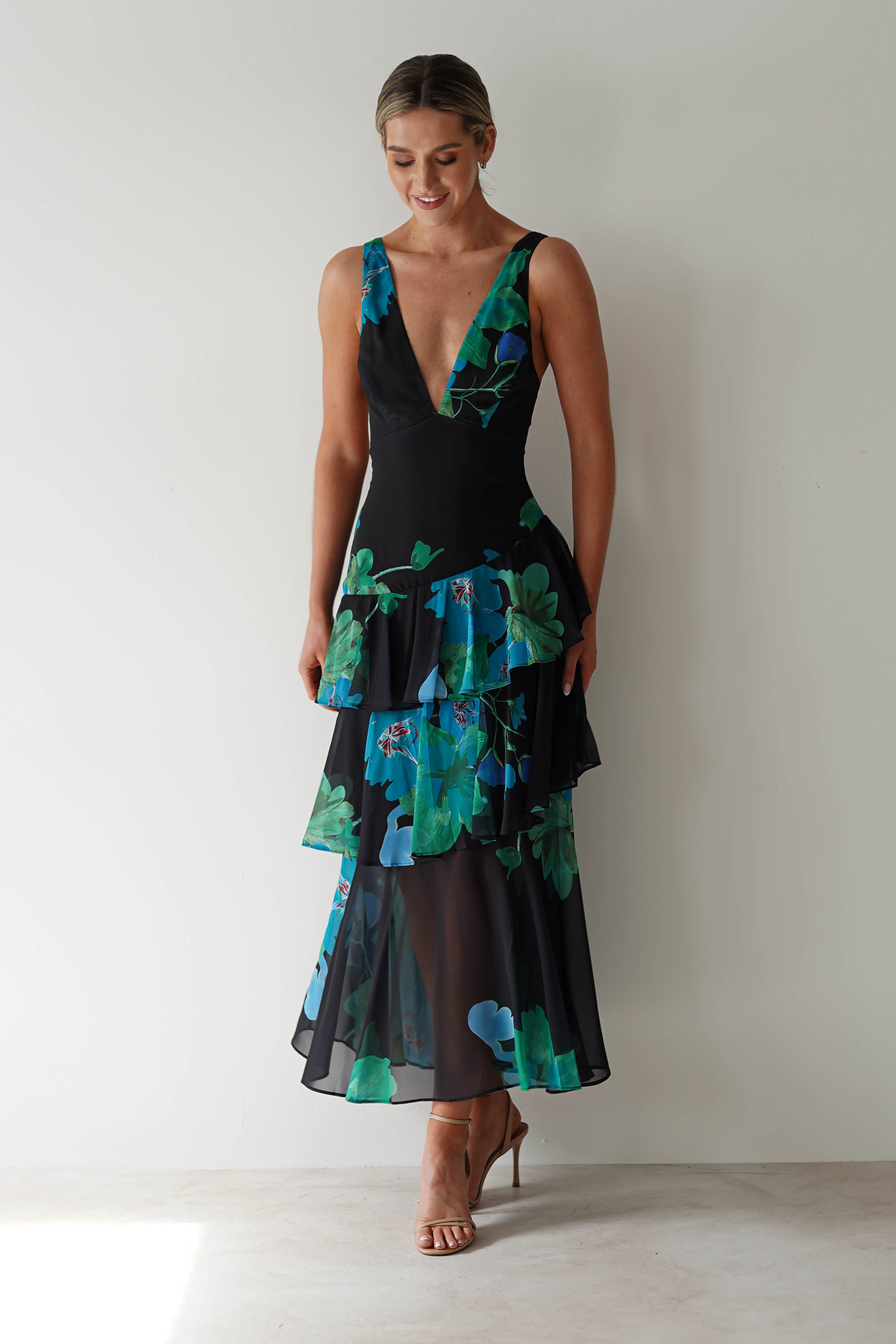 Lenora Floral Print Maxi Dress | Black Print | Oh Hello Clothing | XS (6)