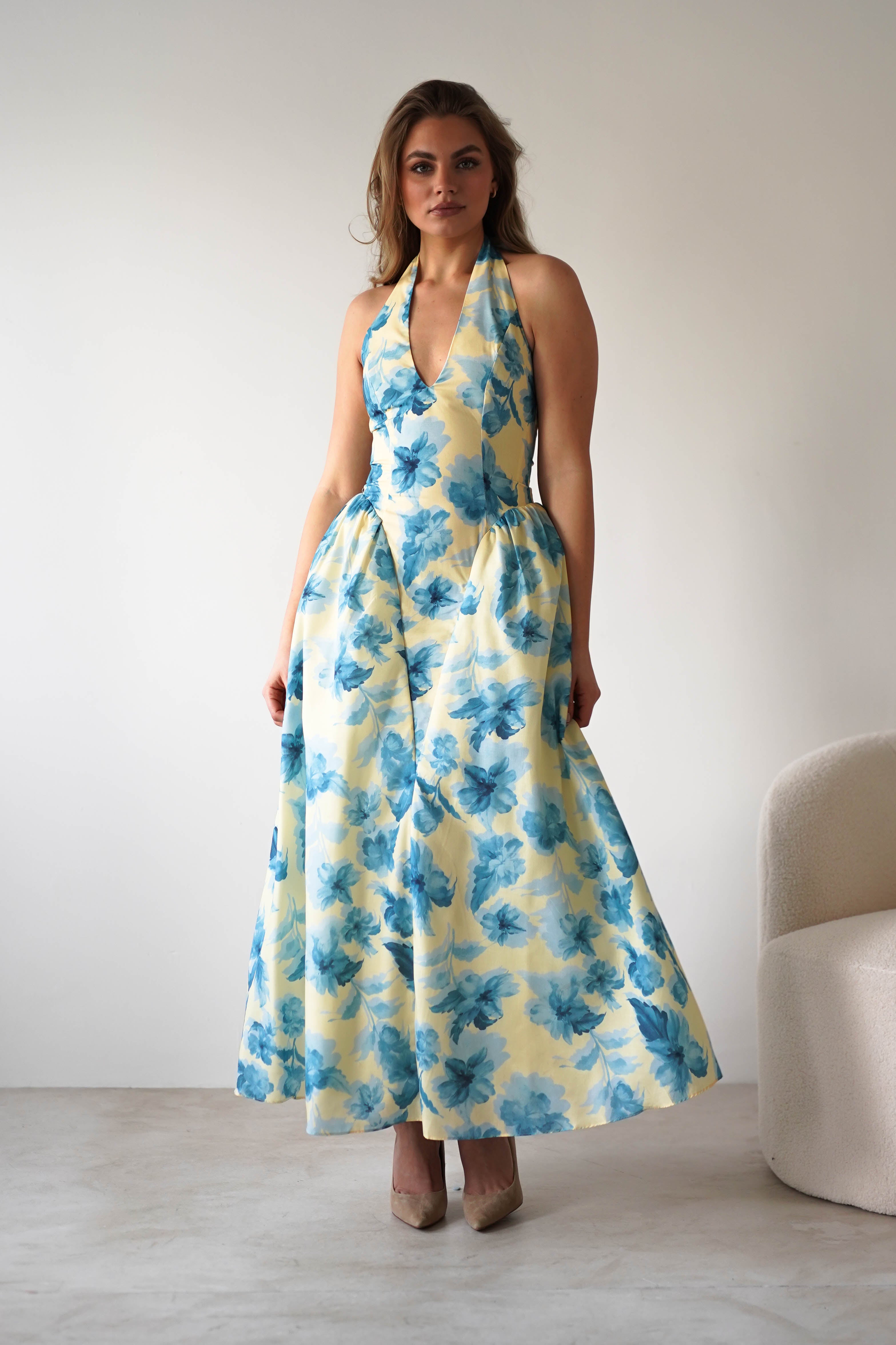 Sabine Floral Bodied Maxi Dress | Yellow/Blue | Oh Hello Clothing | XS (6)