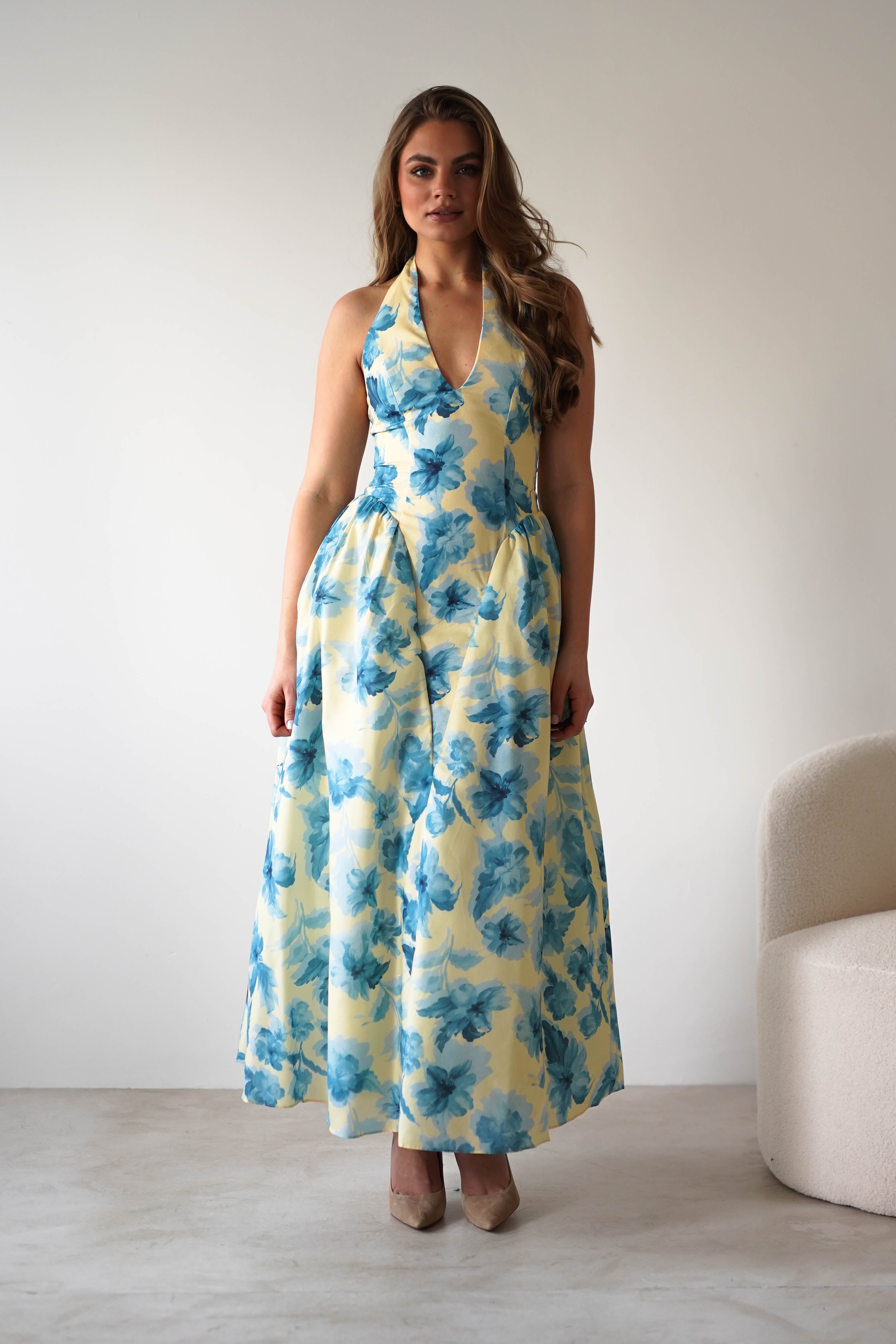 Sabine Floral Bodied Maxi Dress | Yellow/Blue | Oh Hello Clothing | XS (6)