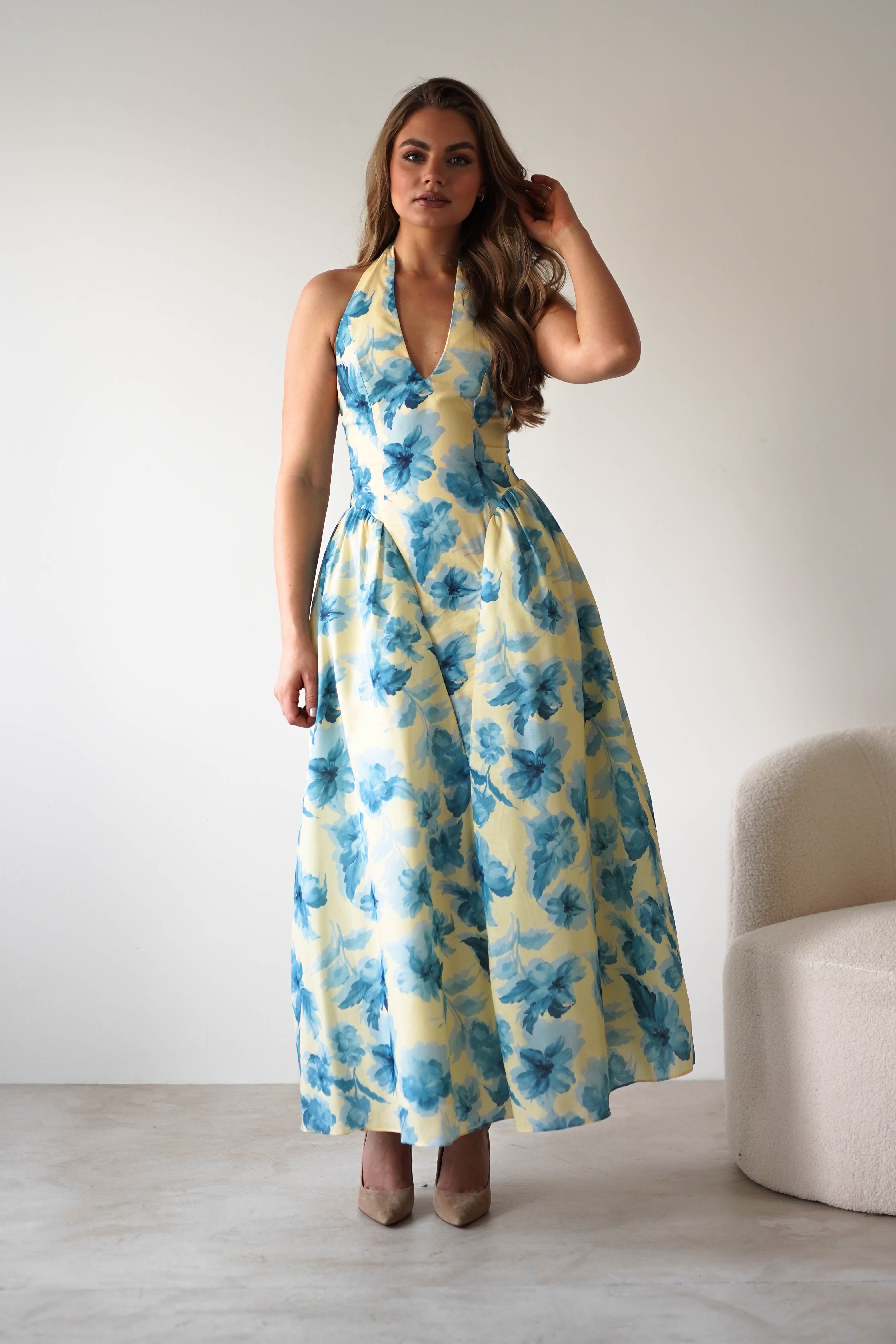 Sabine Floral Bodied Maxi Dress | Yellow/Blue | Oh Hello Clothing | XS (6)