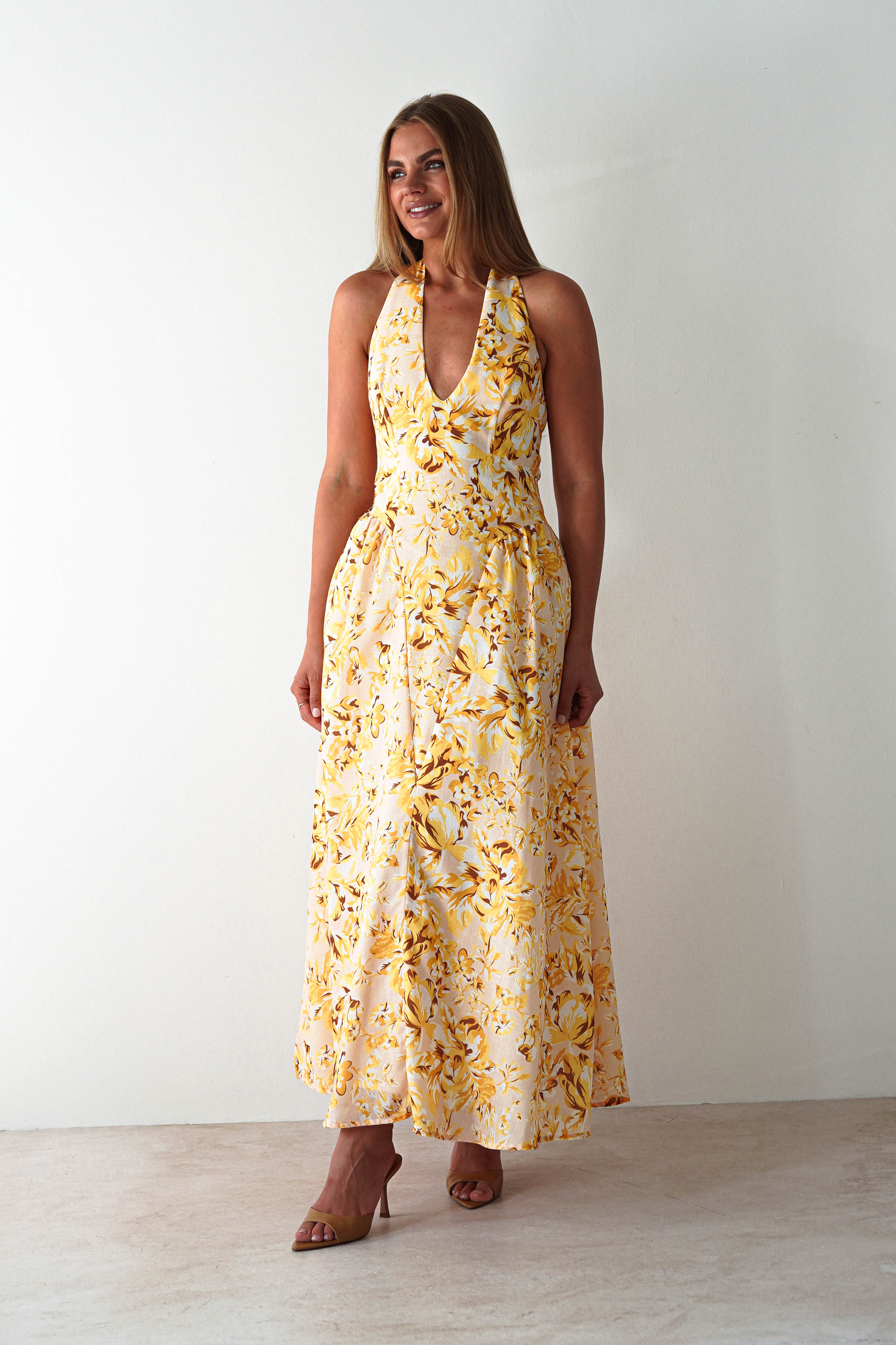 Mina Halterneck Floral Skater Maxi Dress | Yellow | Oh Hello Clothing | XS (6)