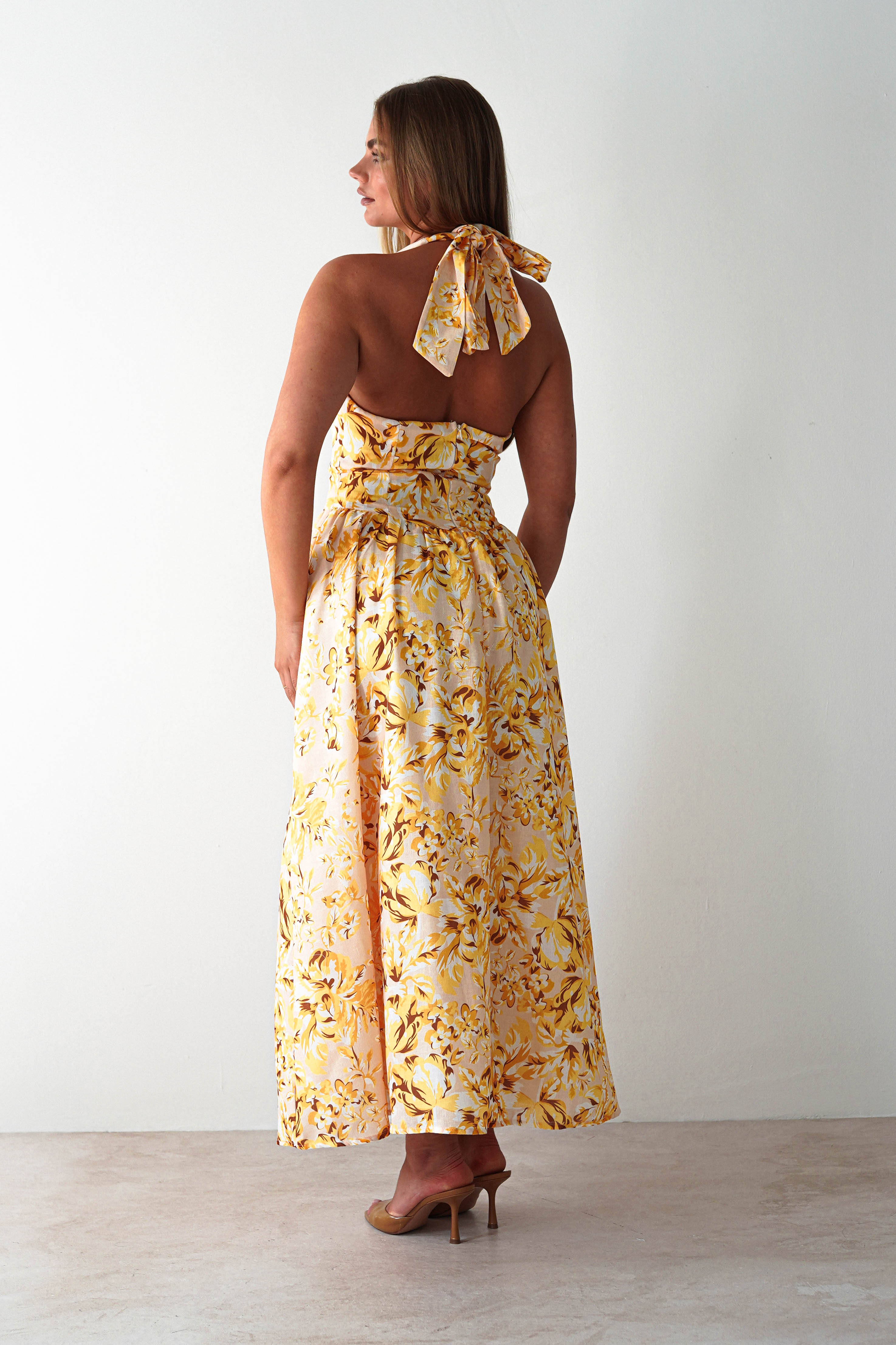 Mina Halterneck Floral Skater Maxi Dress | Yellow | Oh Hello Clothing | XS (6)