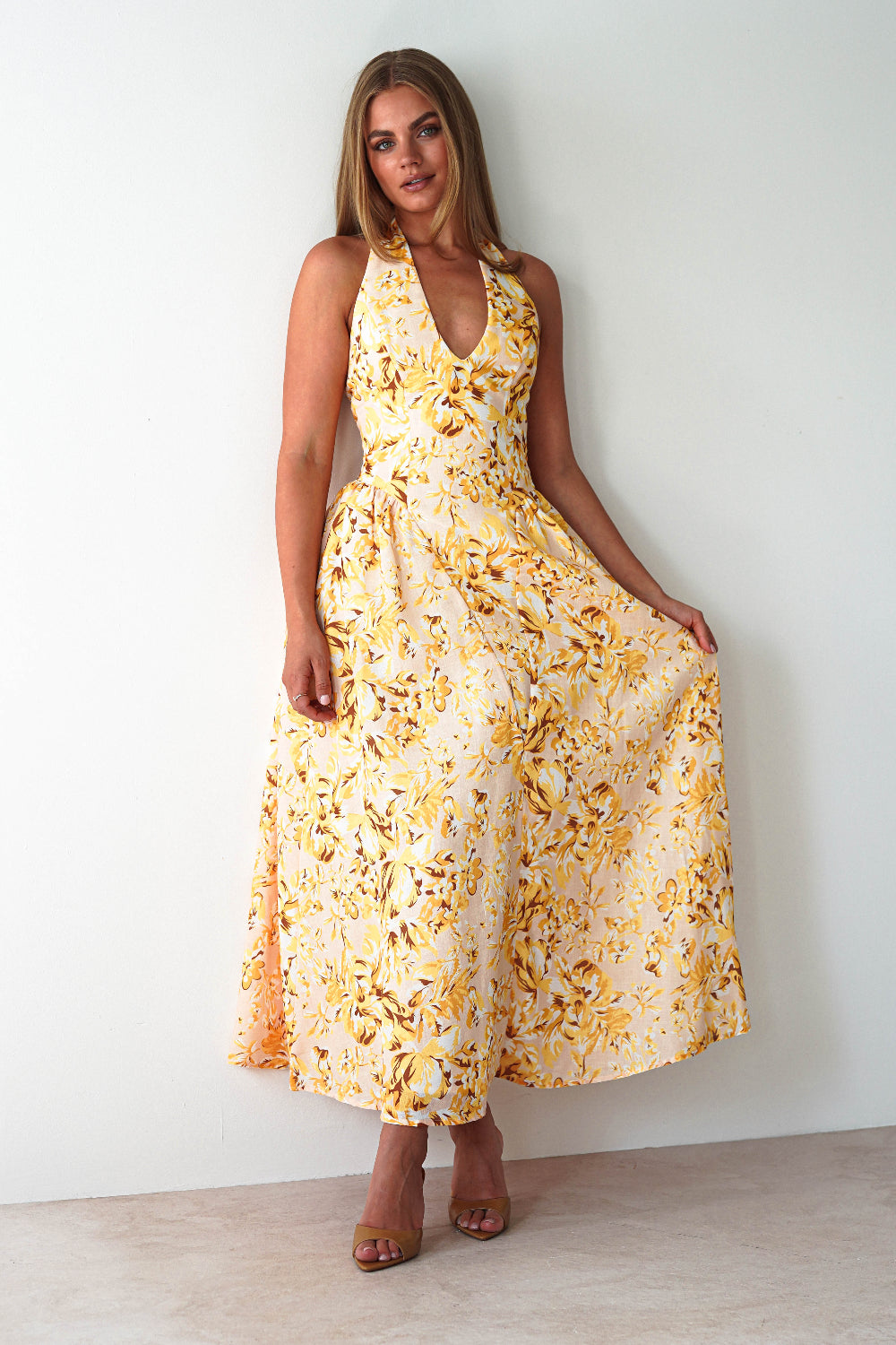 floral halter dress for wedding guest Mina Halterneck Skater Maxi Yellow | Dress | Neck Dress Style::Bodycon including weddings A Line V Neck externalID:ID200821-01