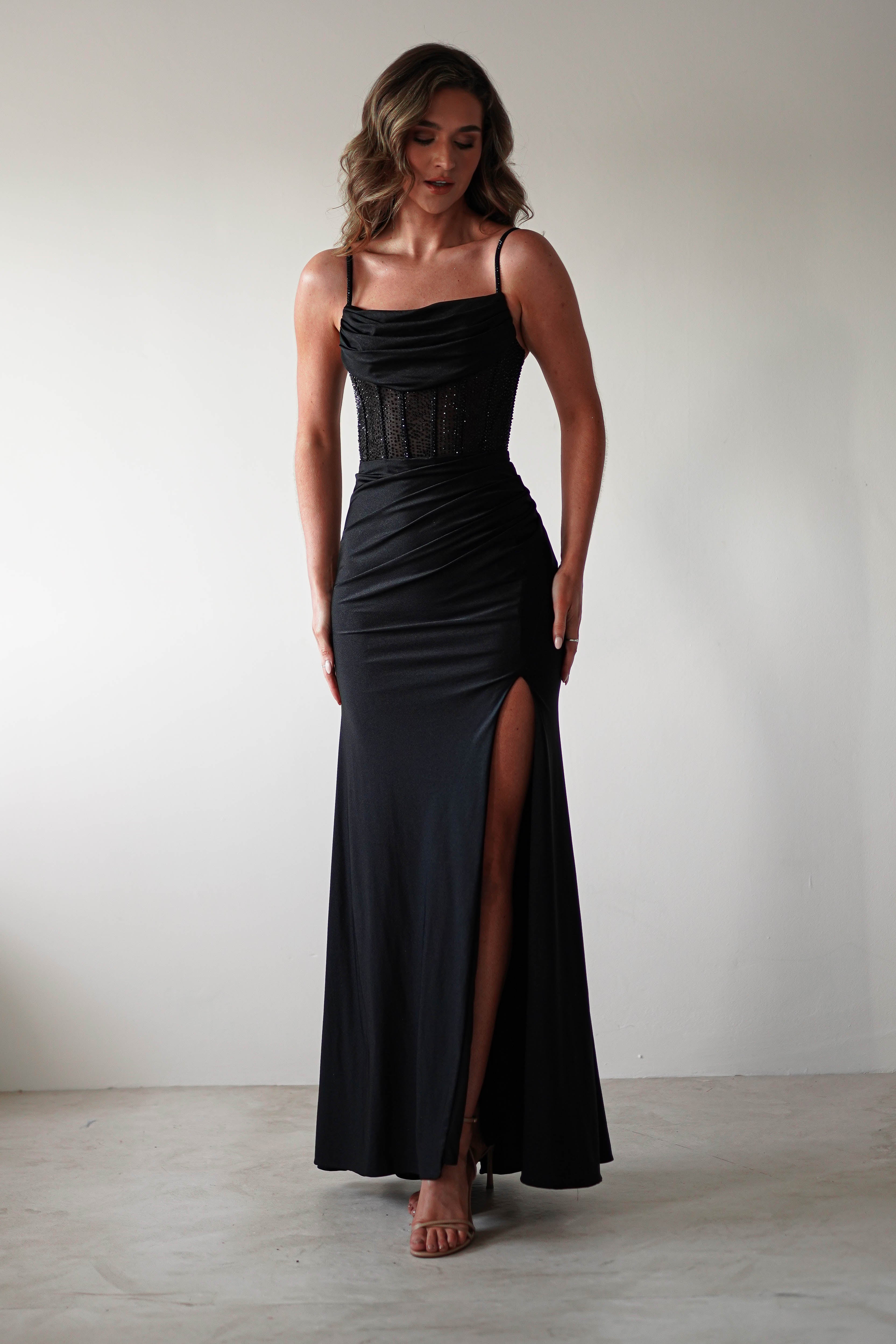 Stefani Rhinestone Bodice Gown | Black - Oh Hello Clothing