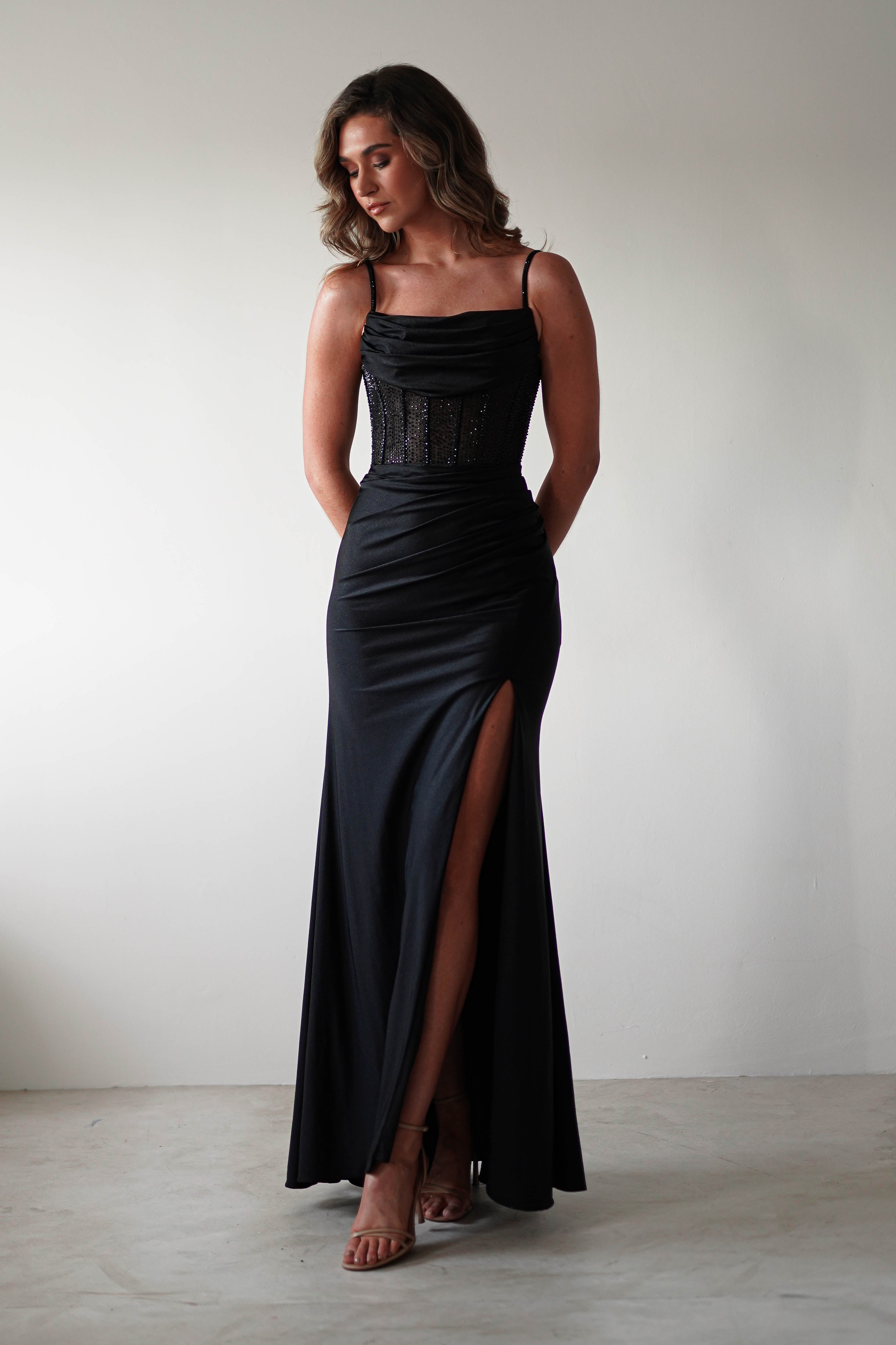 Stefani Rhinestone Bodice Gown | Black - Oh Hello Clothing