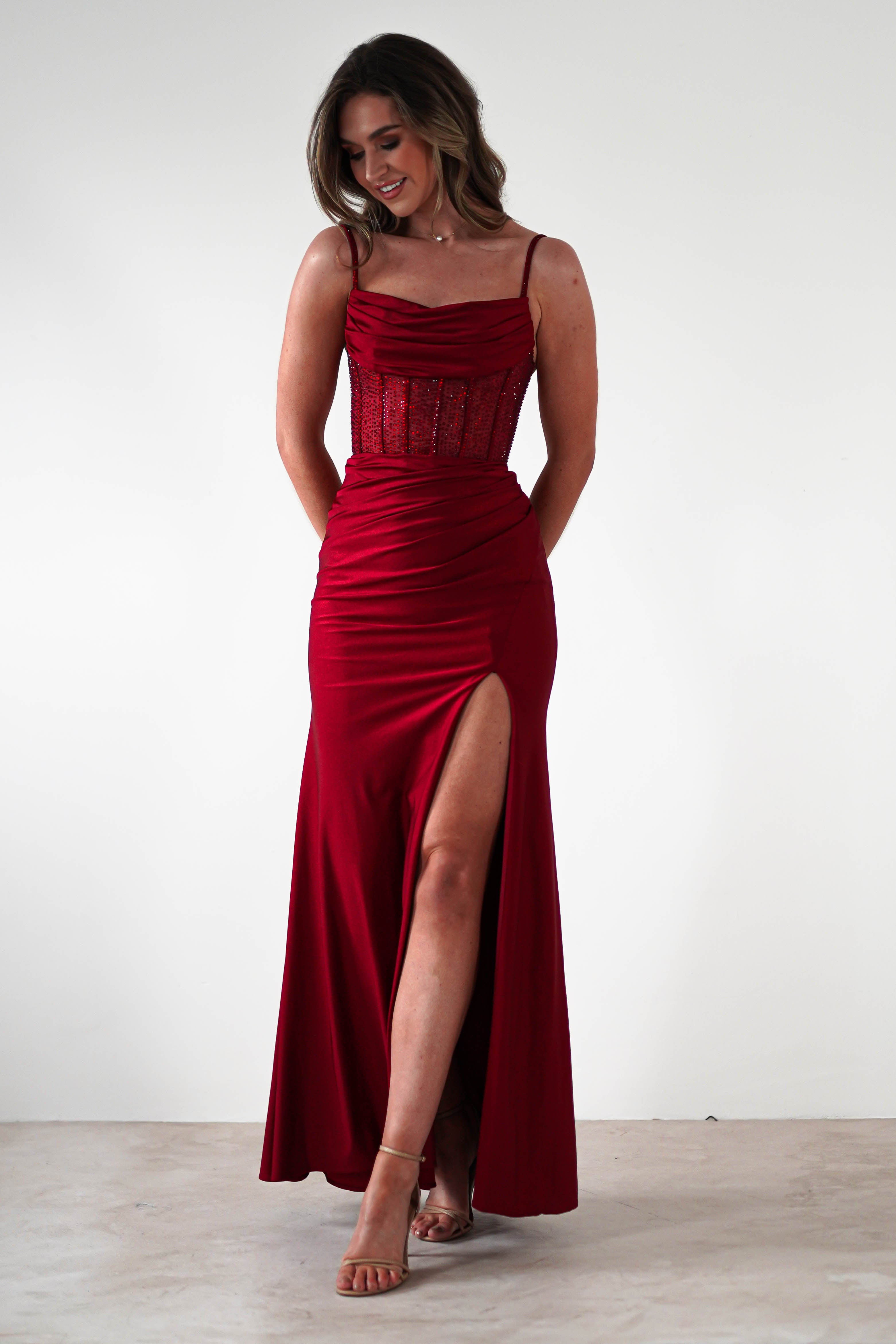 Stefani Rhinestone Bodice Gown | Burgundy