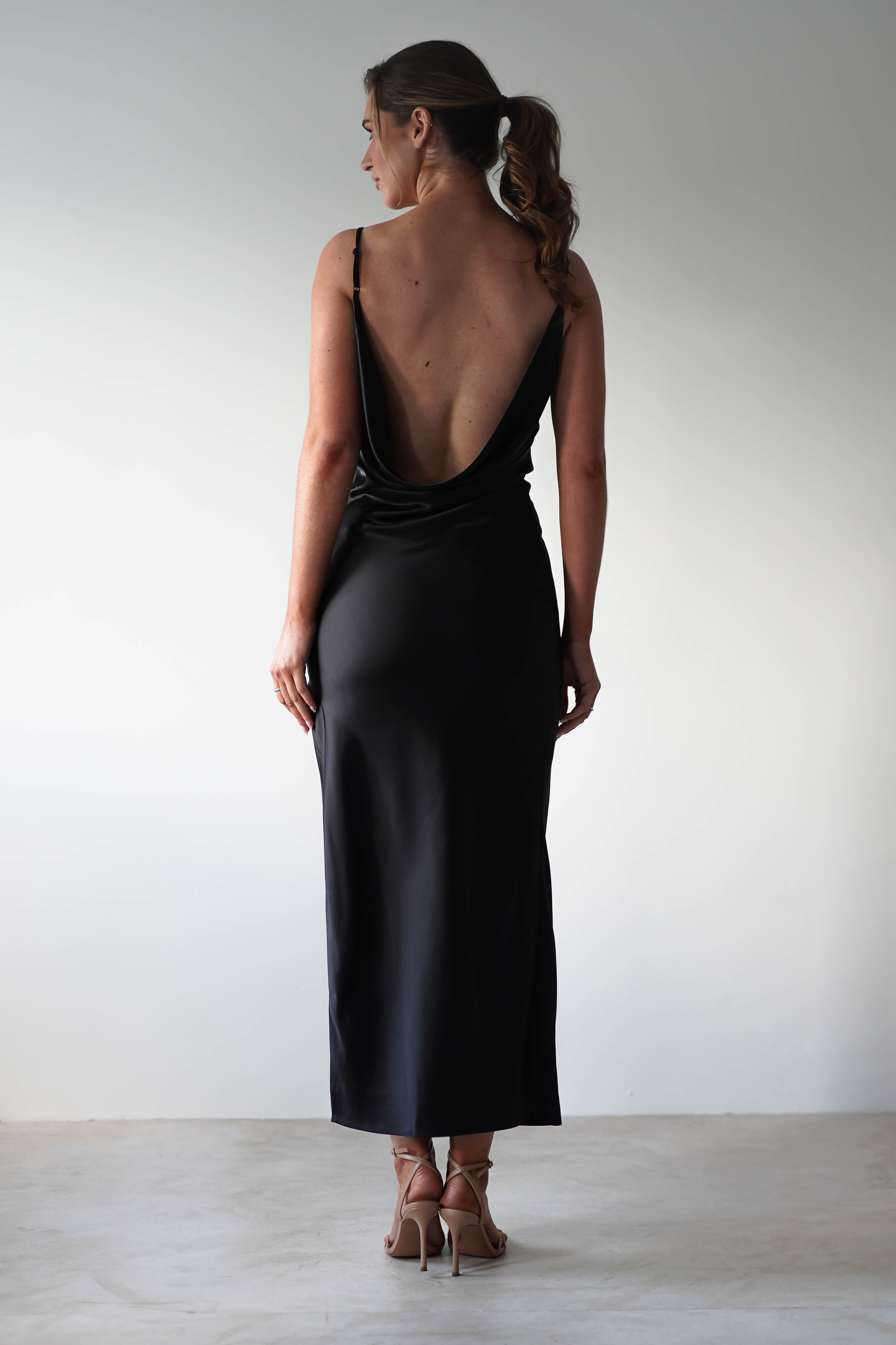 Luiza Low Back Satin Maxi Dress | Black - Oh Hello Clothing