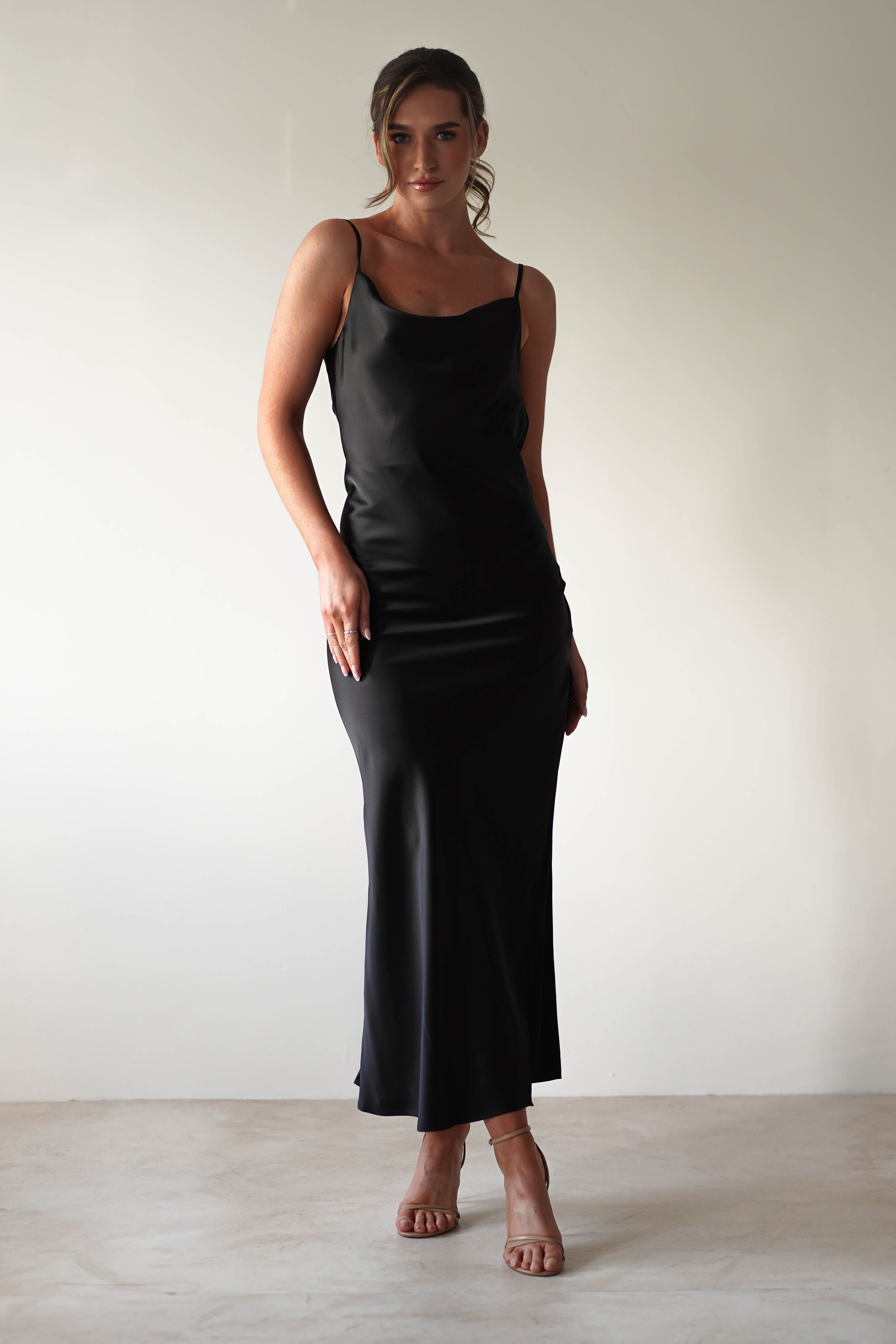 Luiza Low Back Satin Maxi Dress | Black - Oh Hello Clothing