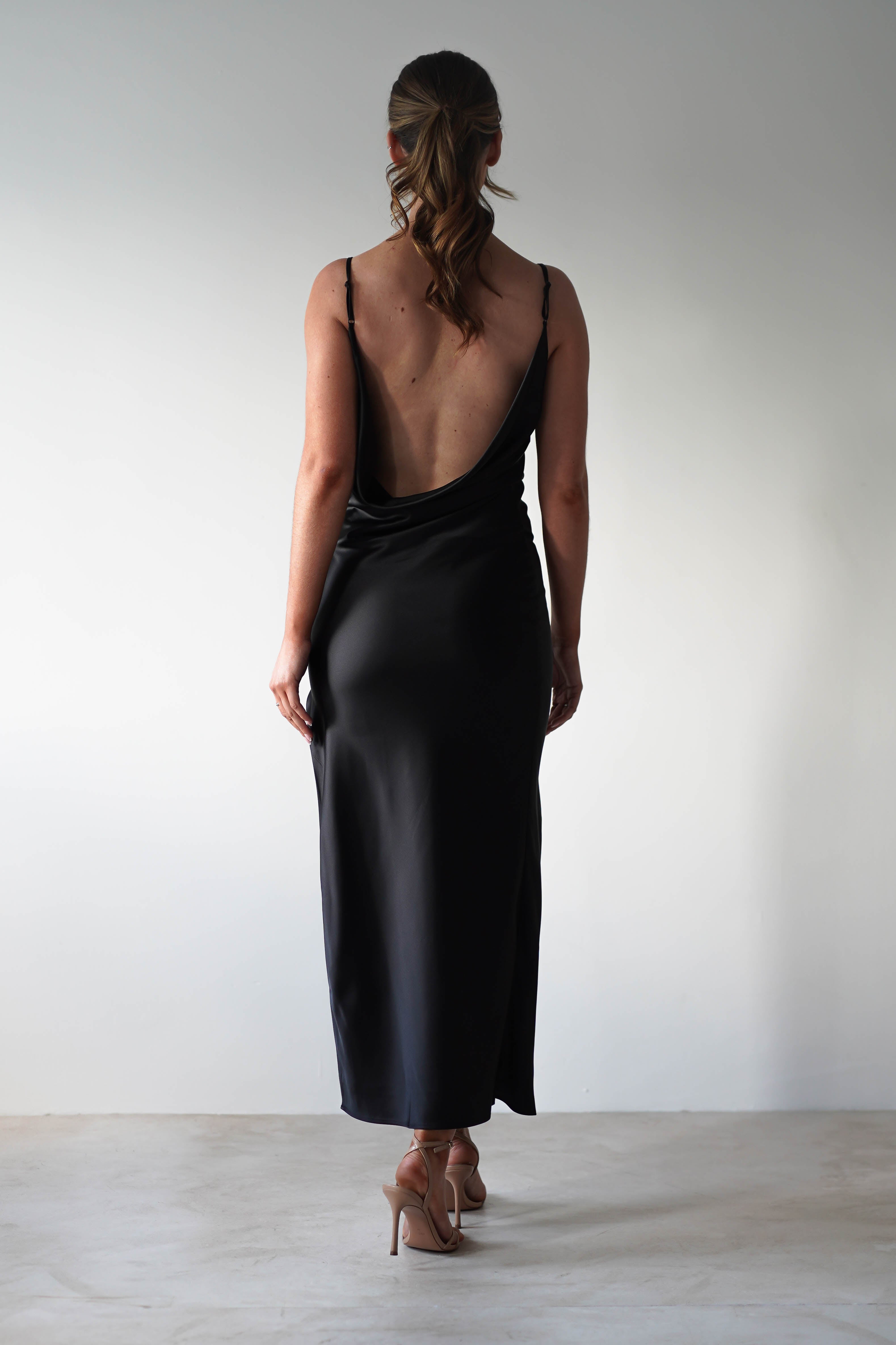 Luiza Low Back Satin Maxi Dress | Black - Oh Hello Clothing