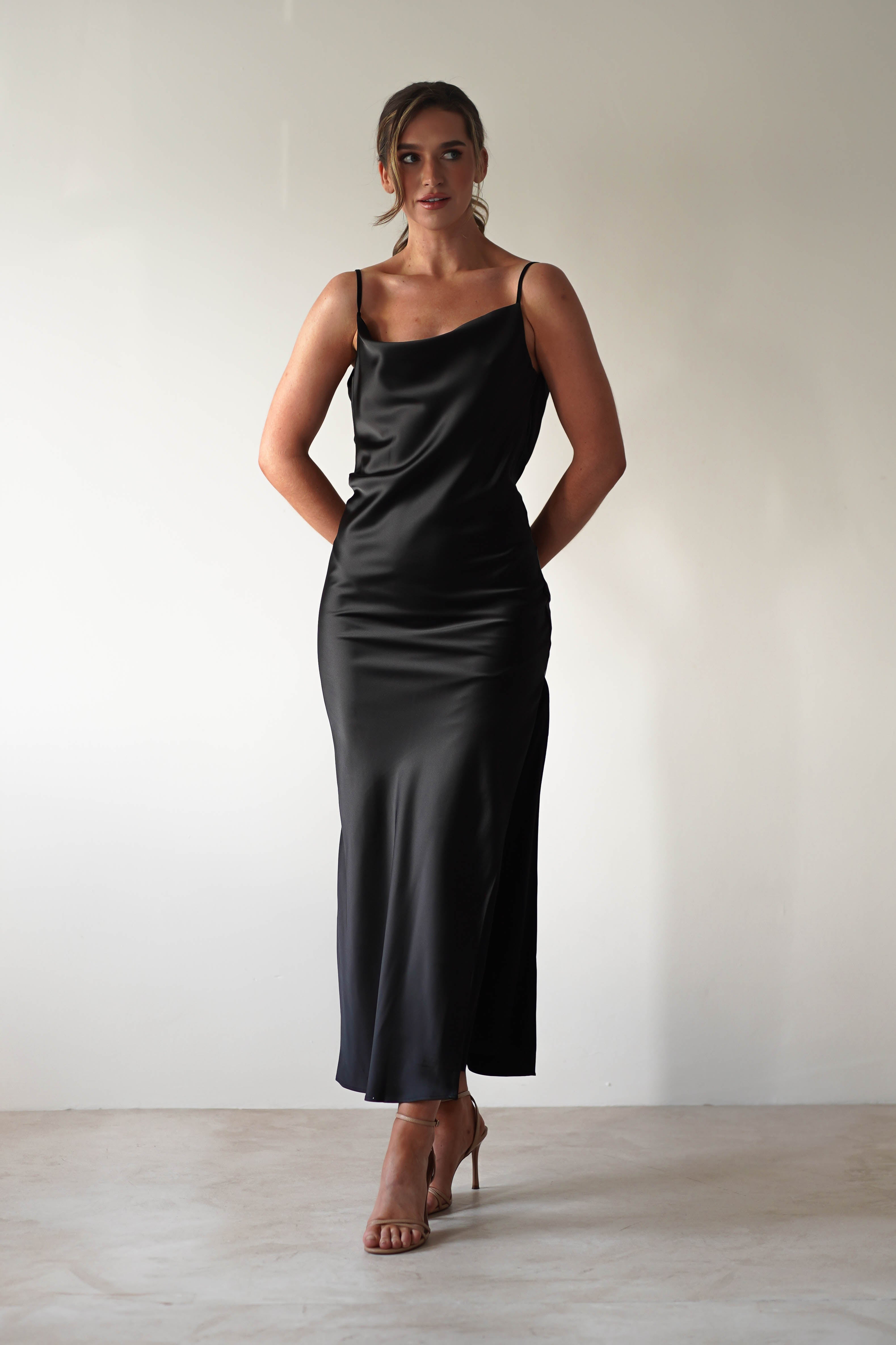 Luiza Low Back Satin Maxi Dress | Black - Oh Hello Clothing