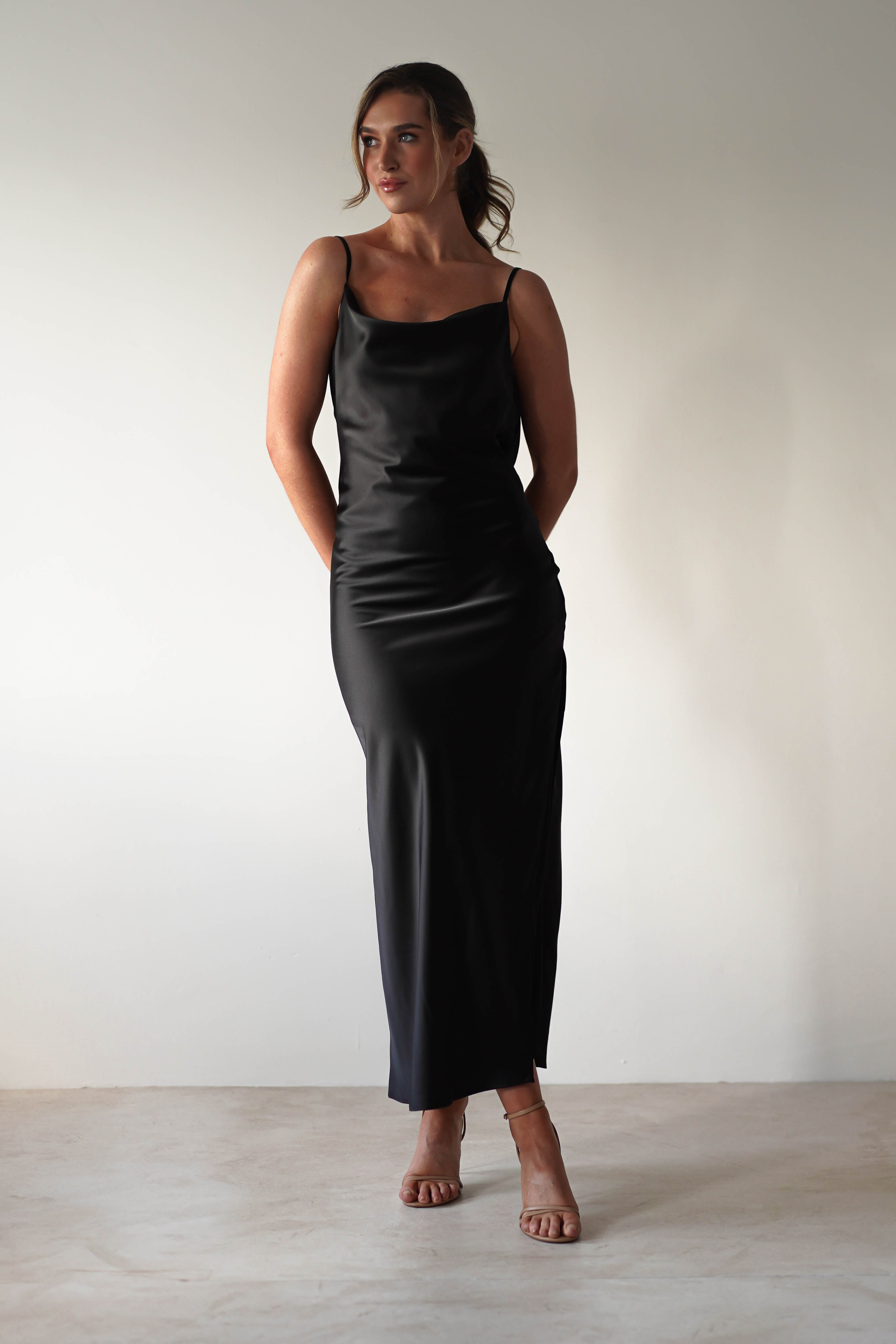 Luiza Low Back Satin Maxi Dress | Black - Oh Hello Clothing