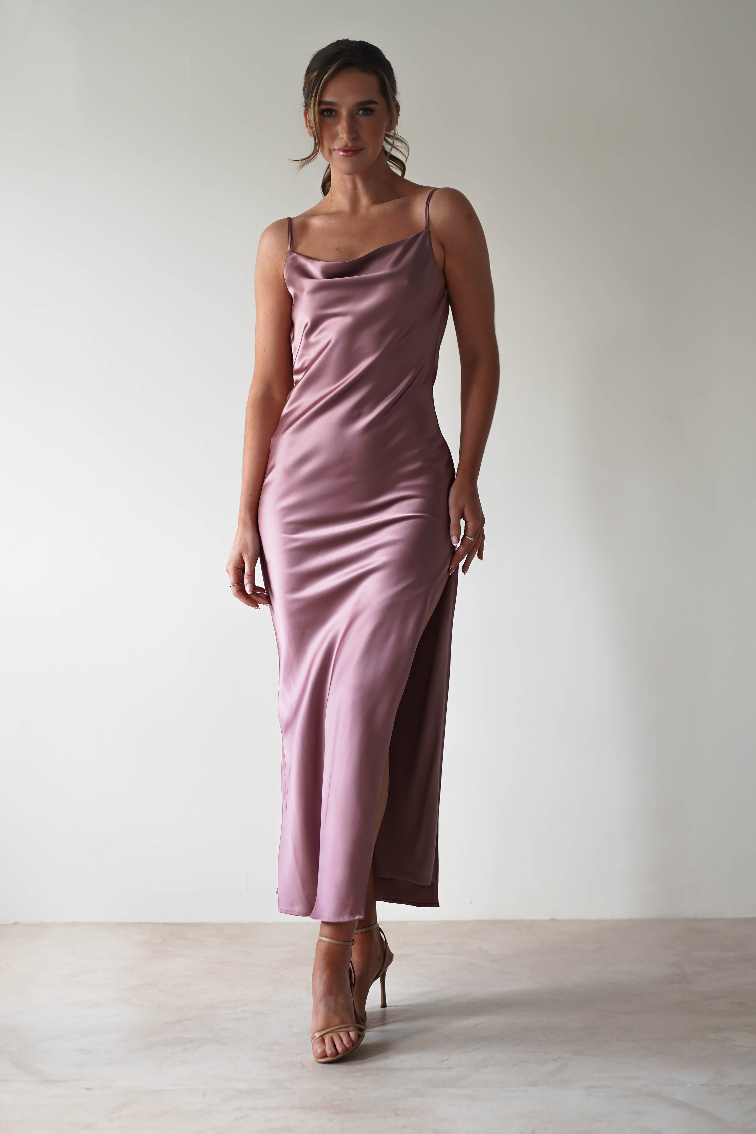Luiza Low Back Satin Maxi Dress | Mauve - Oh Hello Clothing