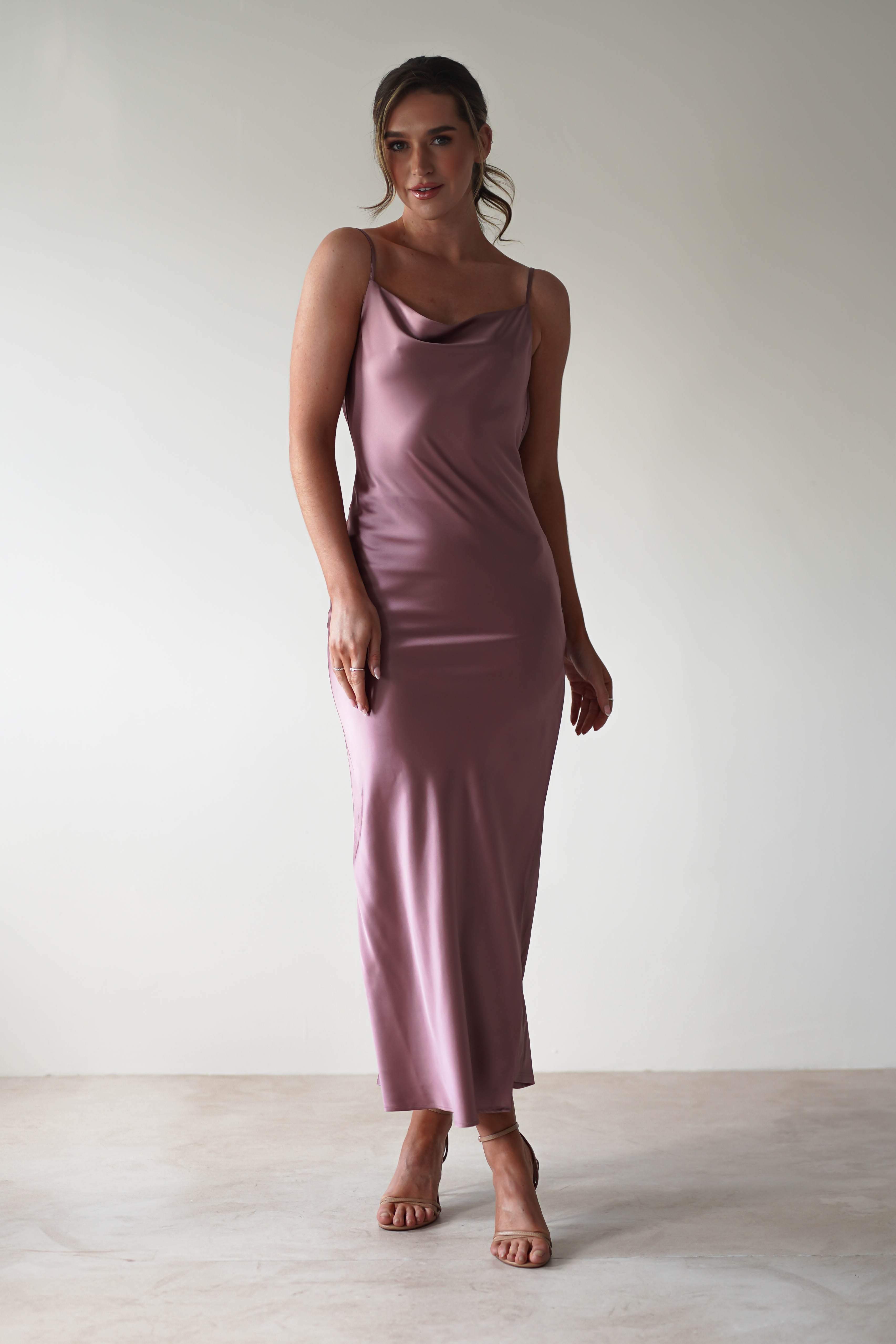 Luiza Low Back Satin Maxi Dress | Mauve - Oh Hello Clothing