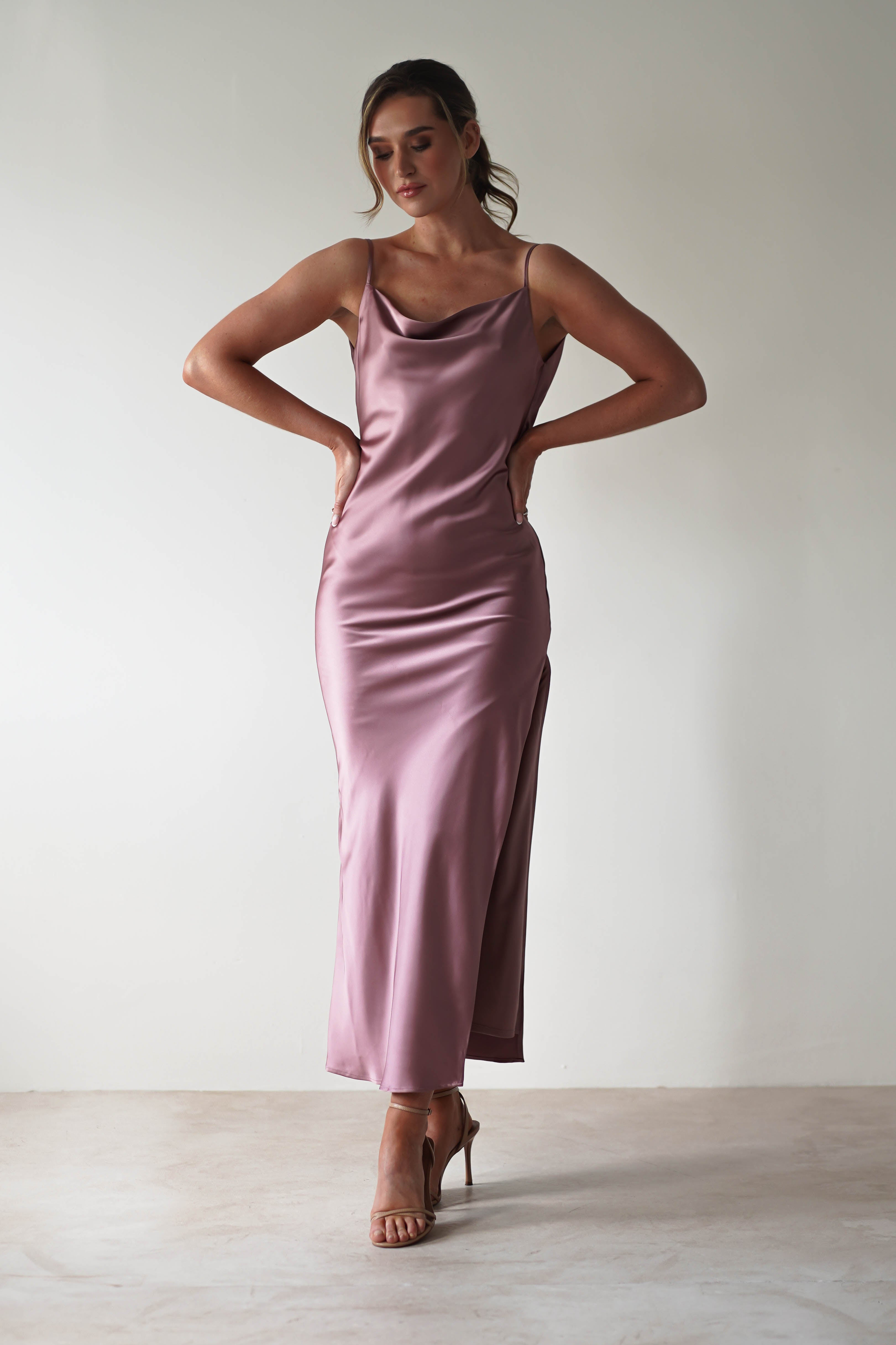 Luiza Low Back Satin Maxi Dress | Mauve - Oh Hello Clothing