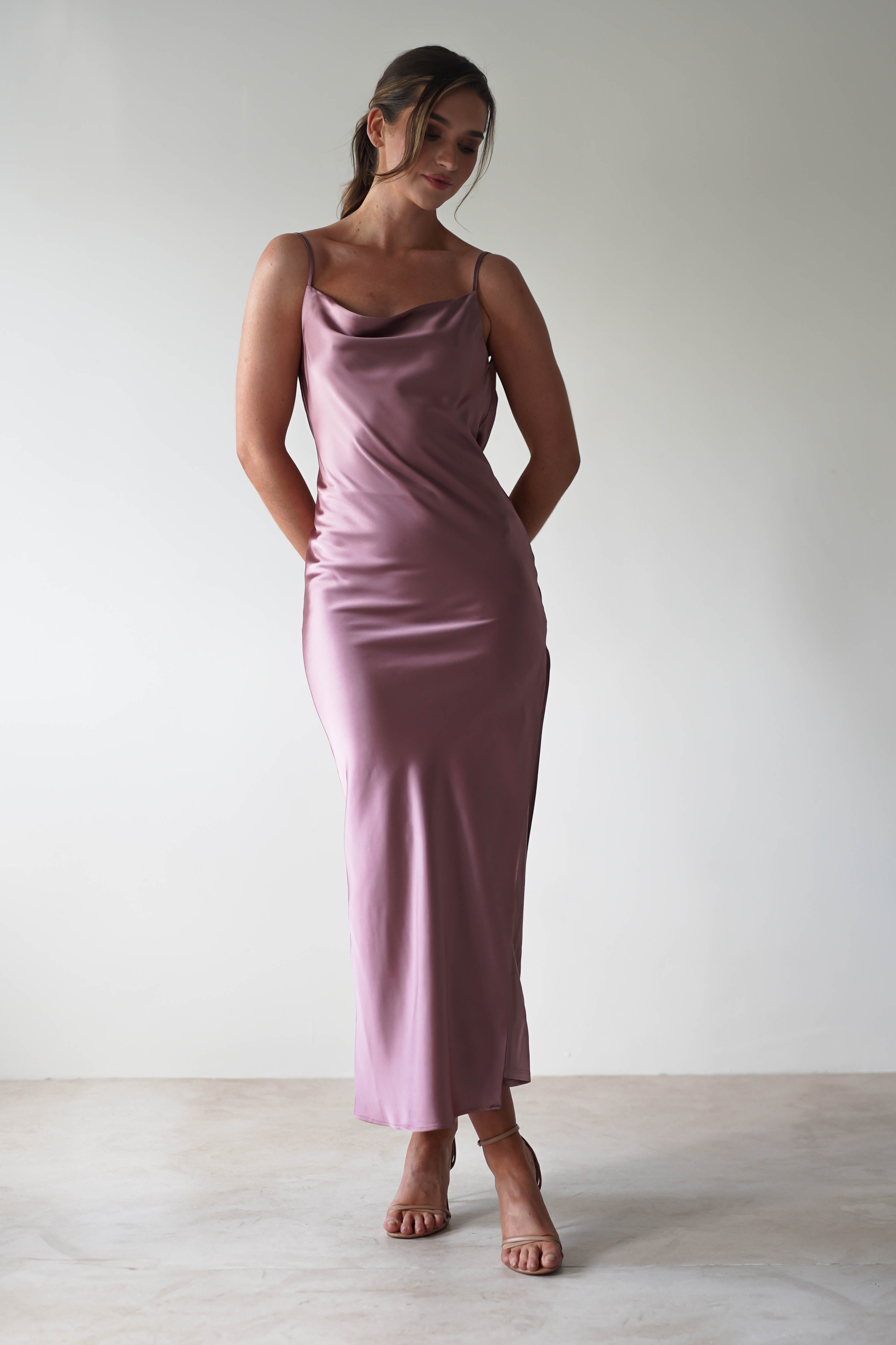Luiza Low Back Satin Maxi Dress | Mauve - Oh Hello Clothing