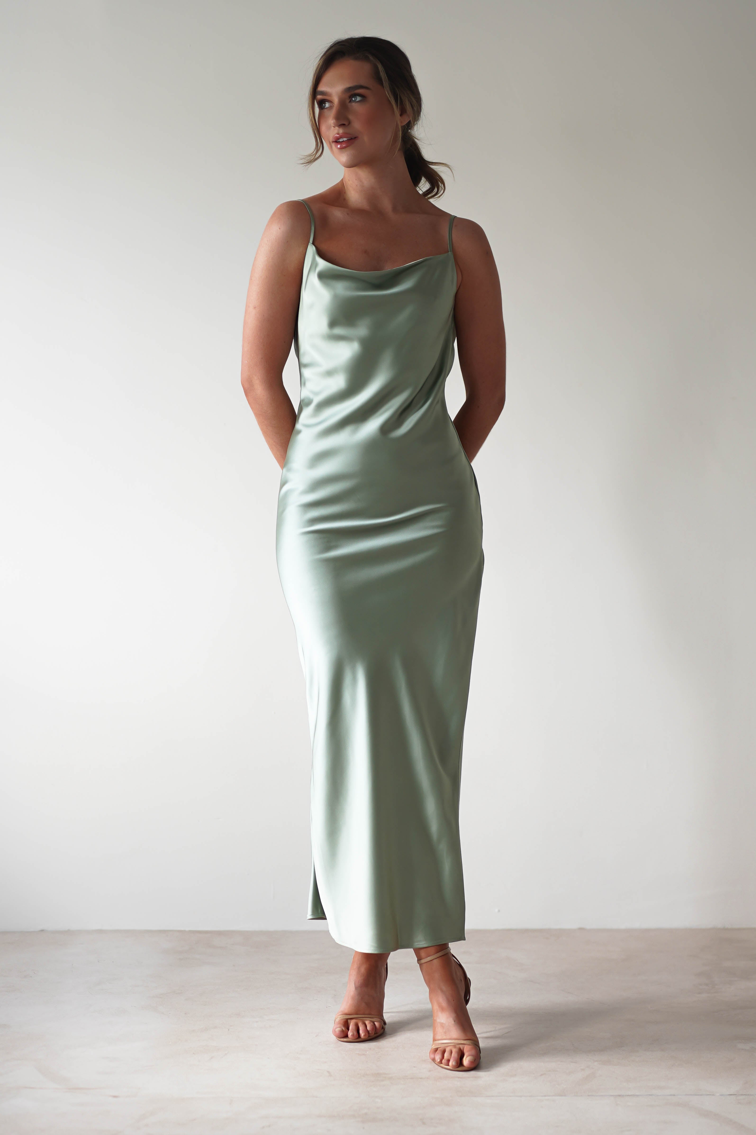 Luiza Low Back Satin Maxi Dress | Sage - Oh Hello Clothing