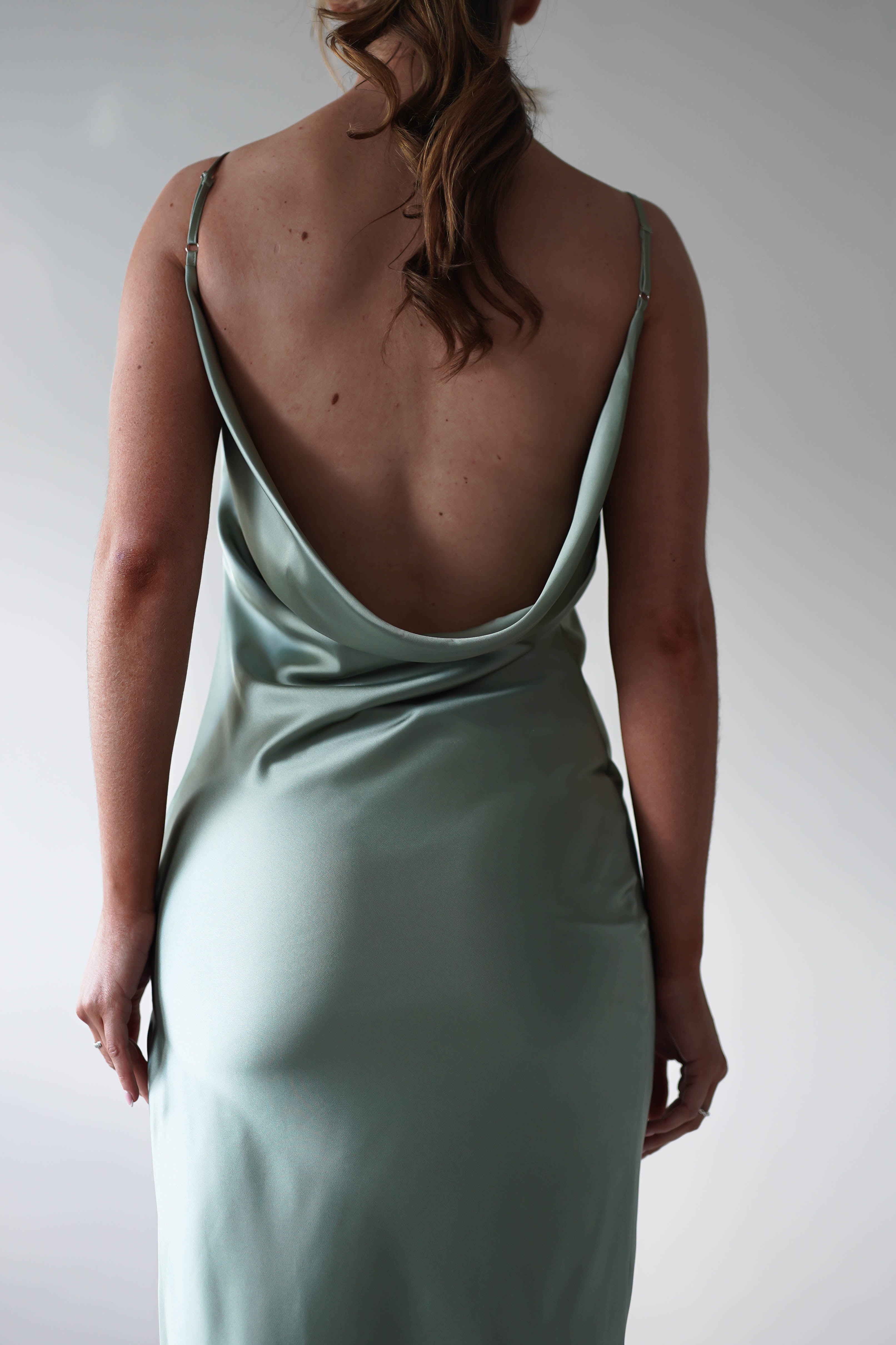 Luiza Low Back Satin Maxi Dress | Sage - Oh Hello Clothing