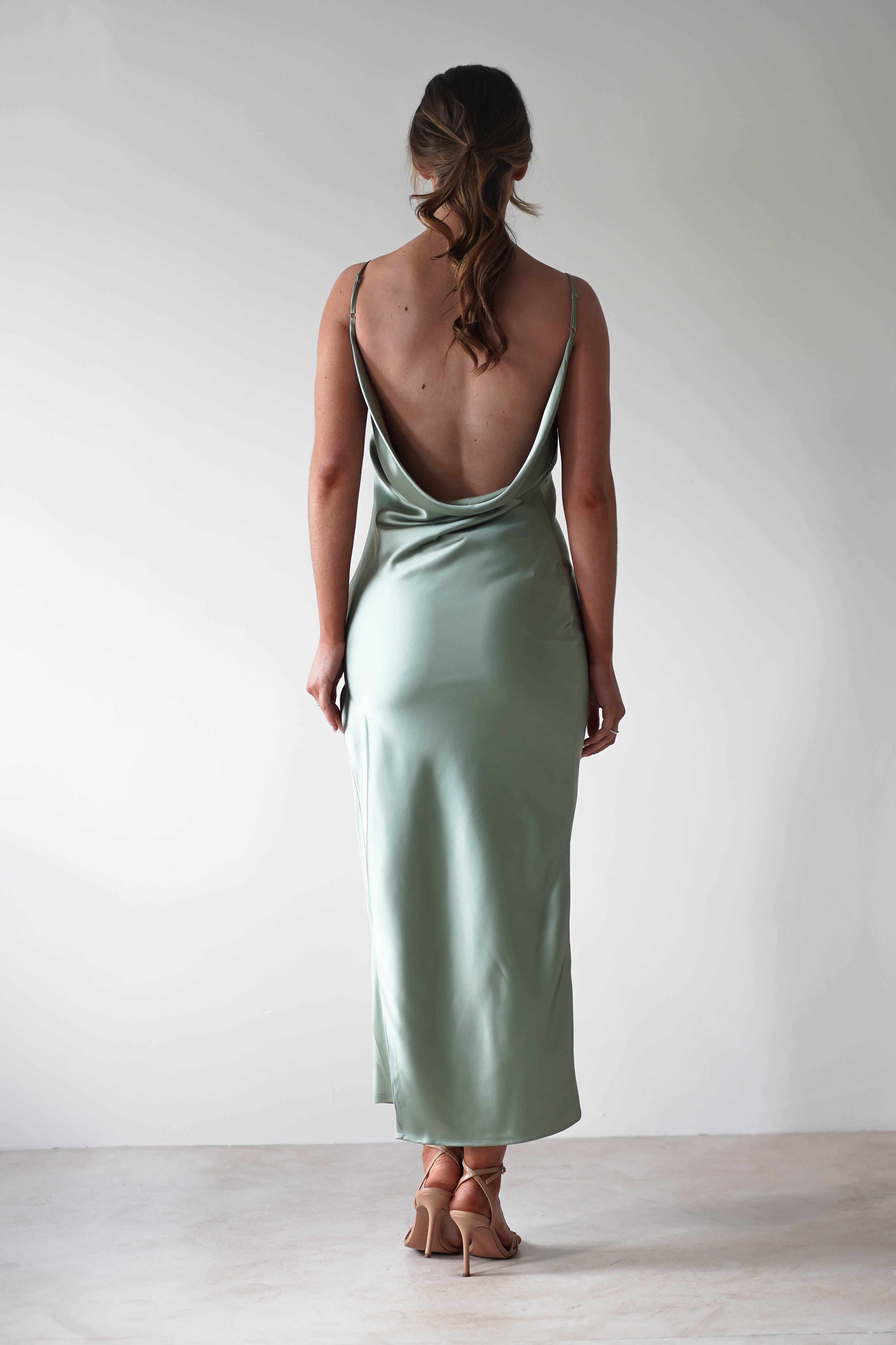 Luiza Low Back Satin Maxi Dress | Sage - Oh Hello Clothing