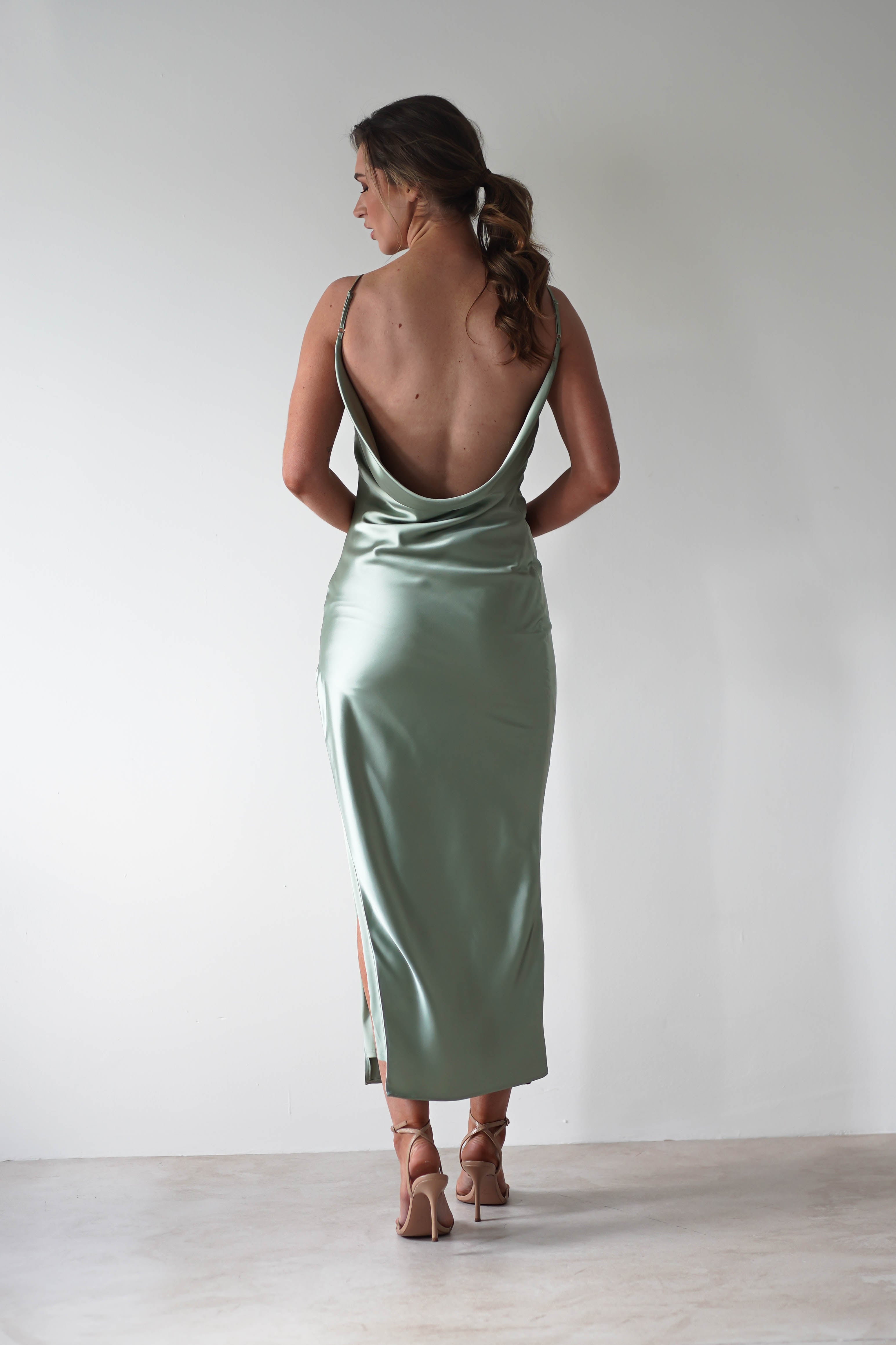 Luiza Low Back Satin Maxi Dress | Sage - Oh Hello Clothing