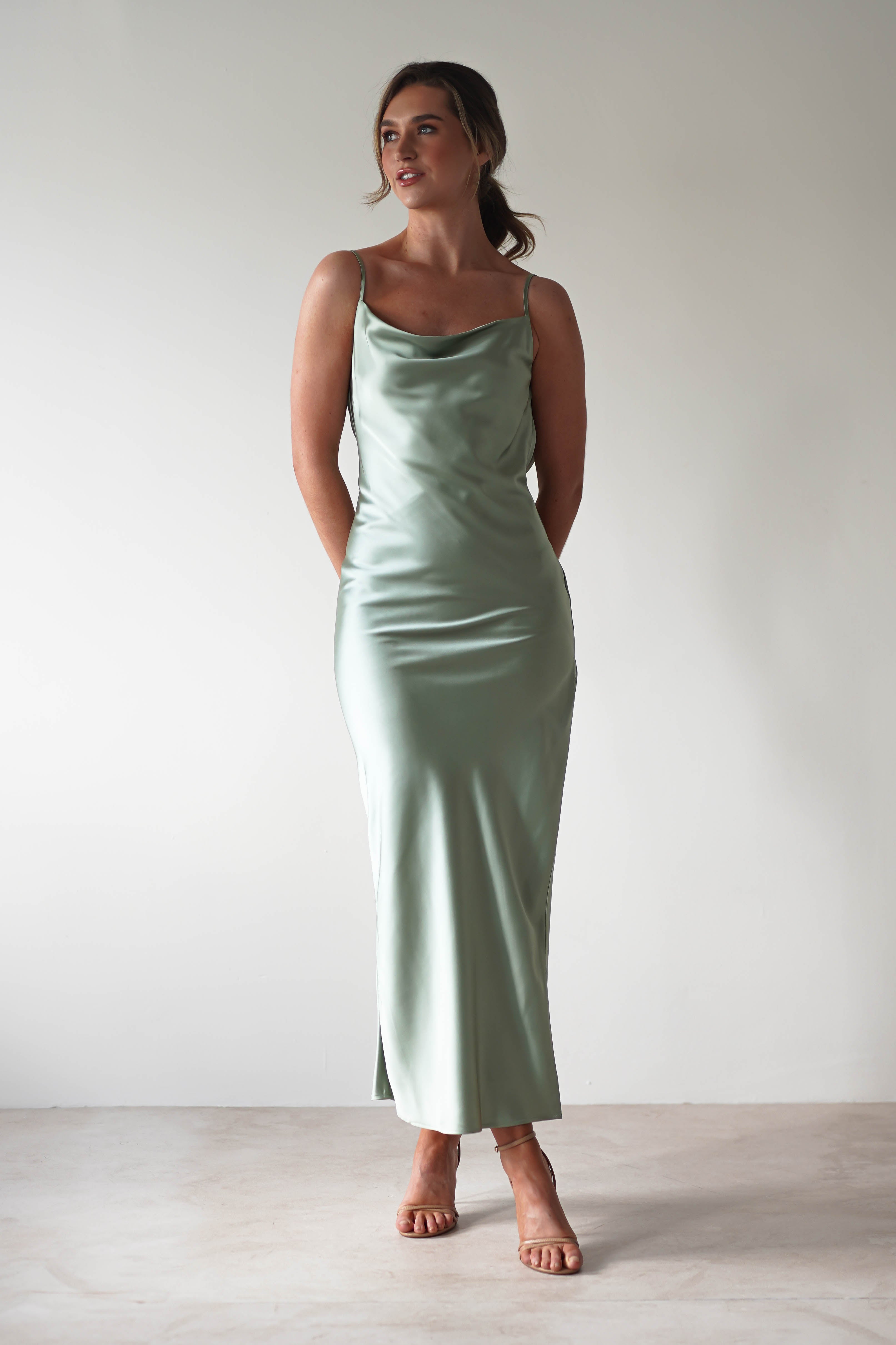 Luiza Low Back Satin Maxi Dress | Sage - Oh Hello Clothing