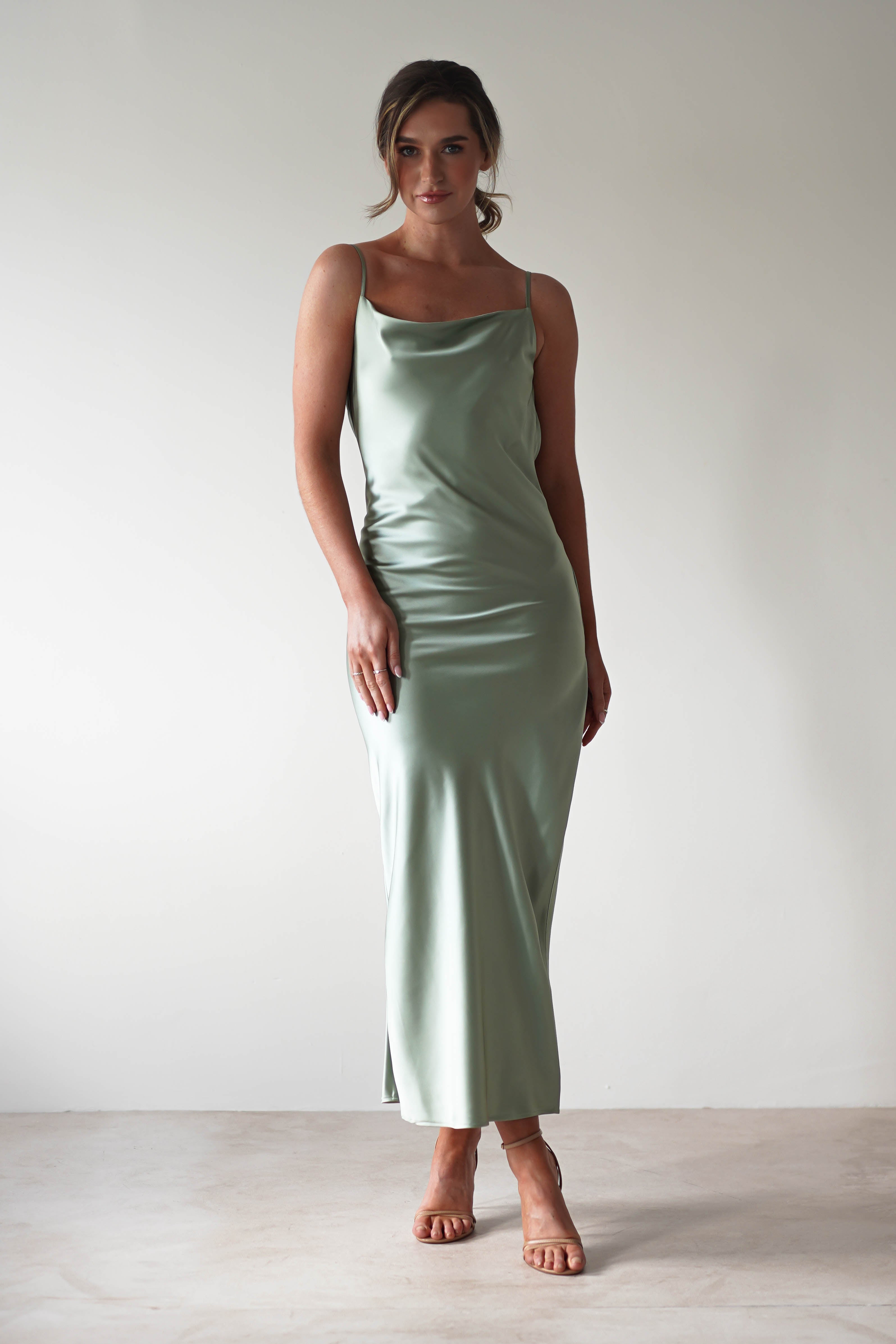 Luiza Low Back Satin Maxi Dress | Sage - Oh Hello Clothing