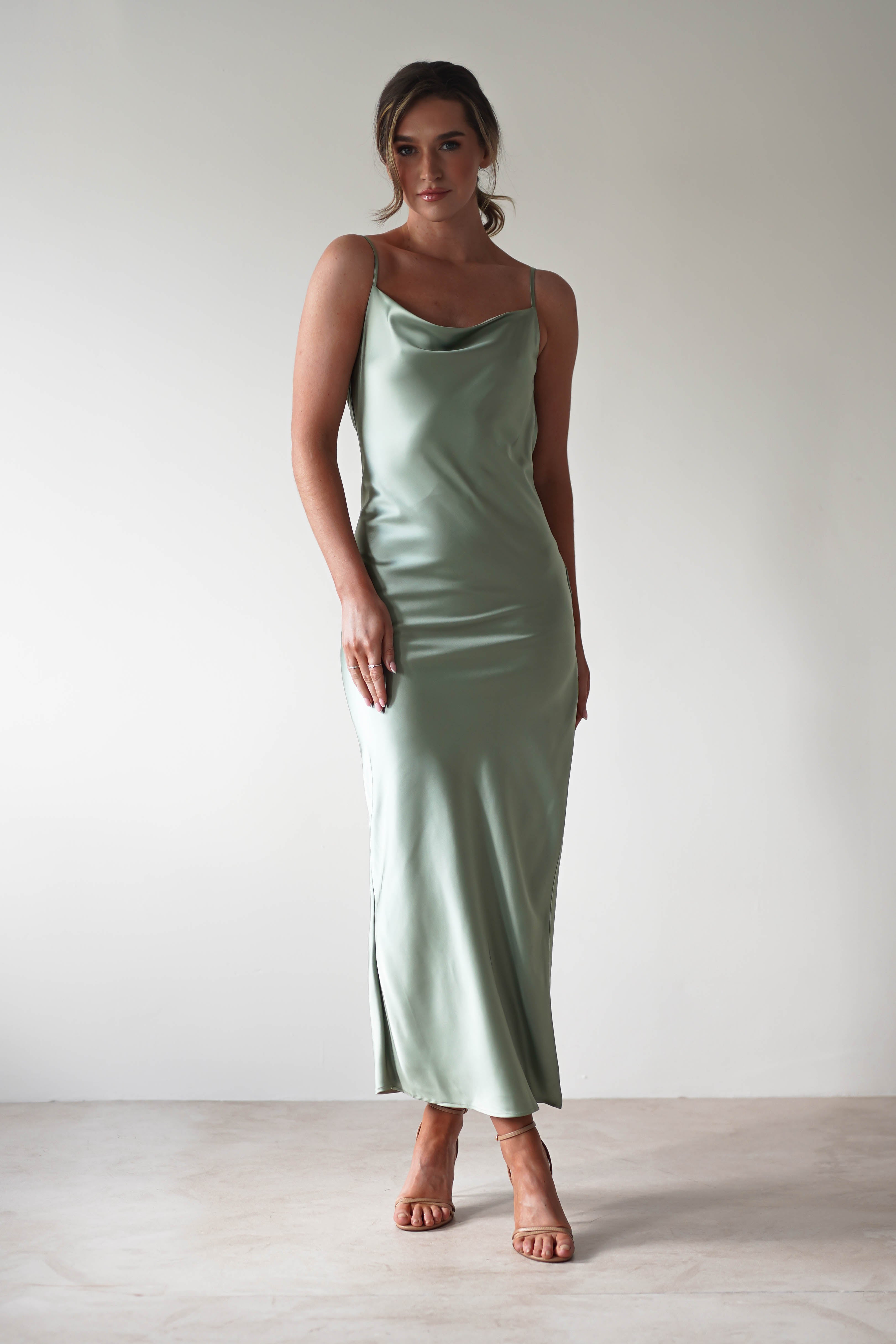 Luiza Low Back Satin Maxi Dress | Sage - Oh Hello Clothing