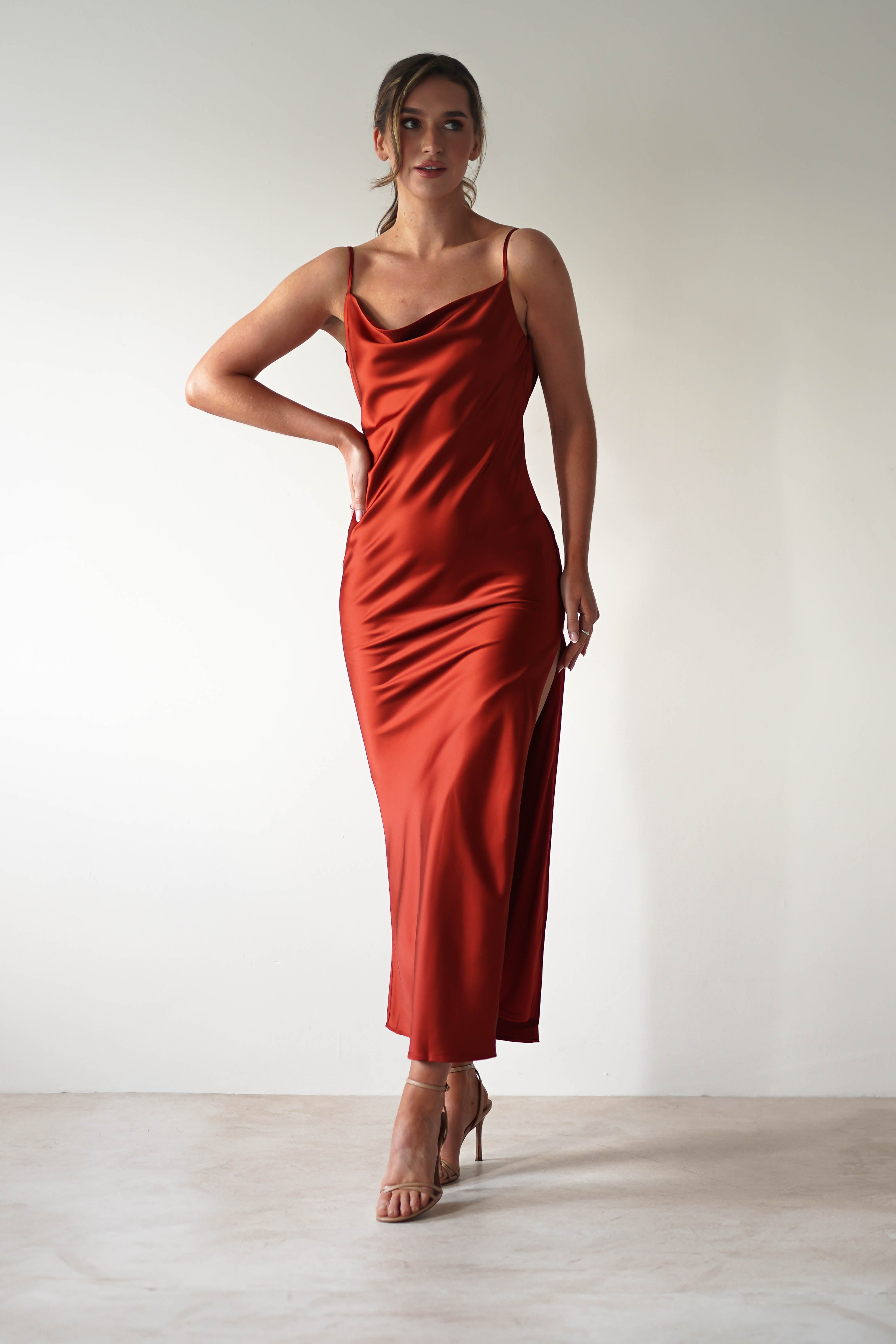 Luiza Low Back Satin Maxi Dress | Rust - Oh Hello Clothing