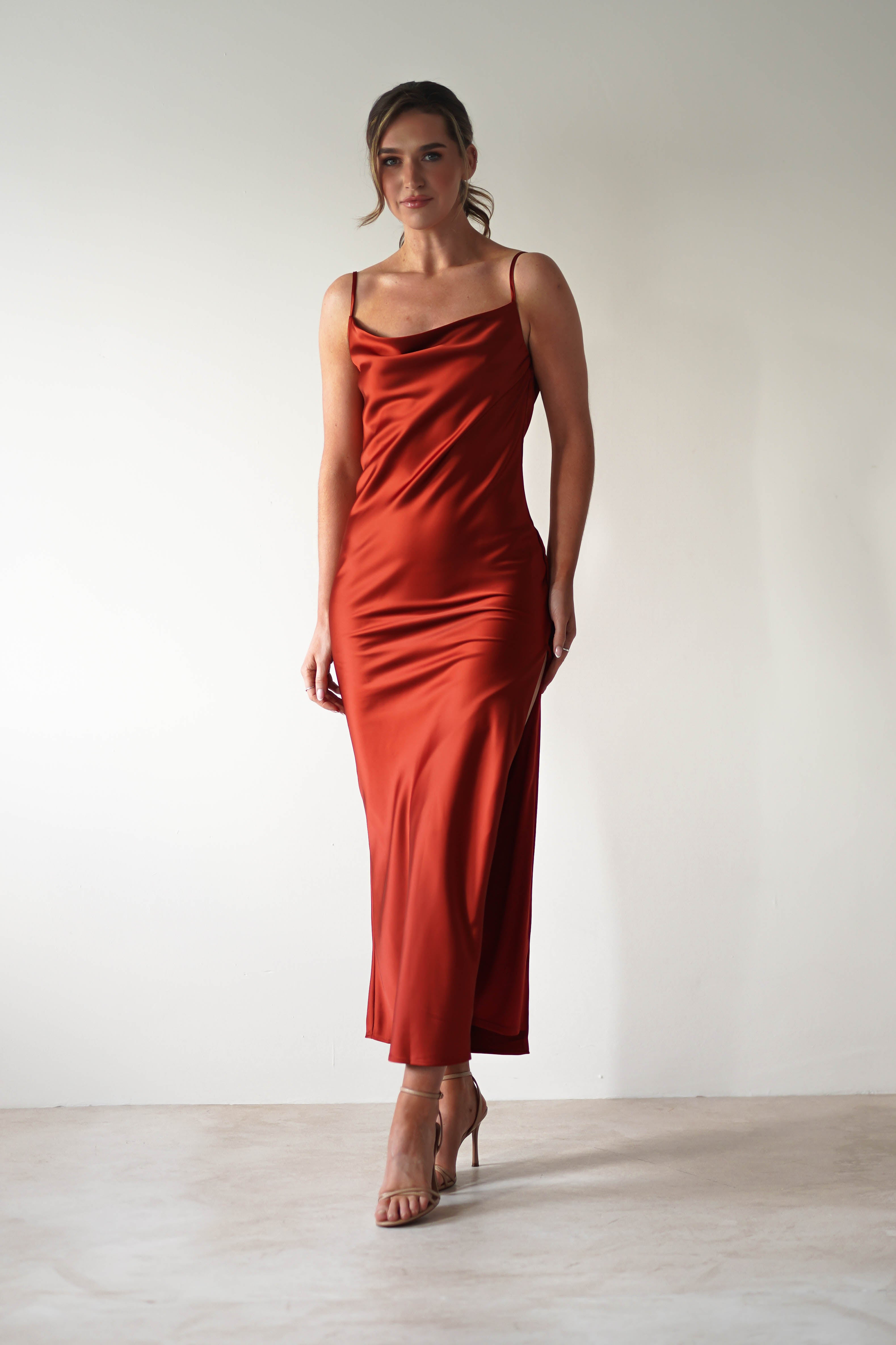 Luiza Low Back Satin Maxi Dress | Rust - Oh Hello Clothing
