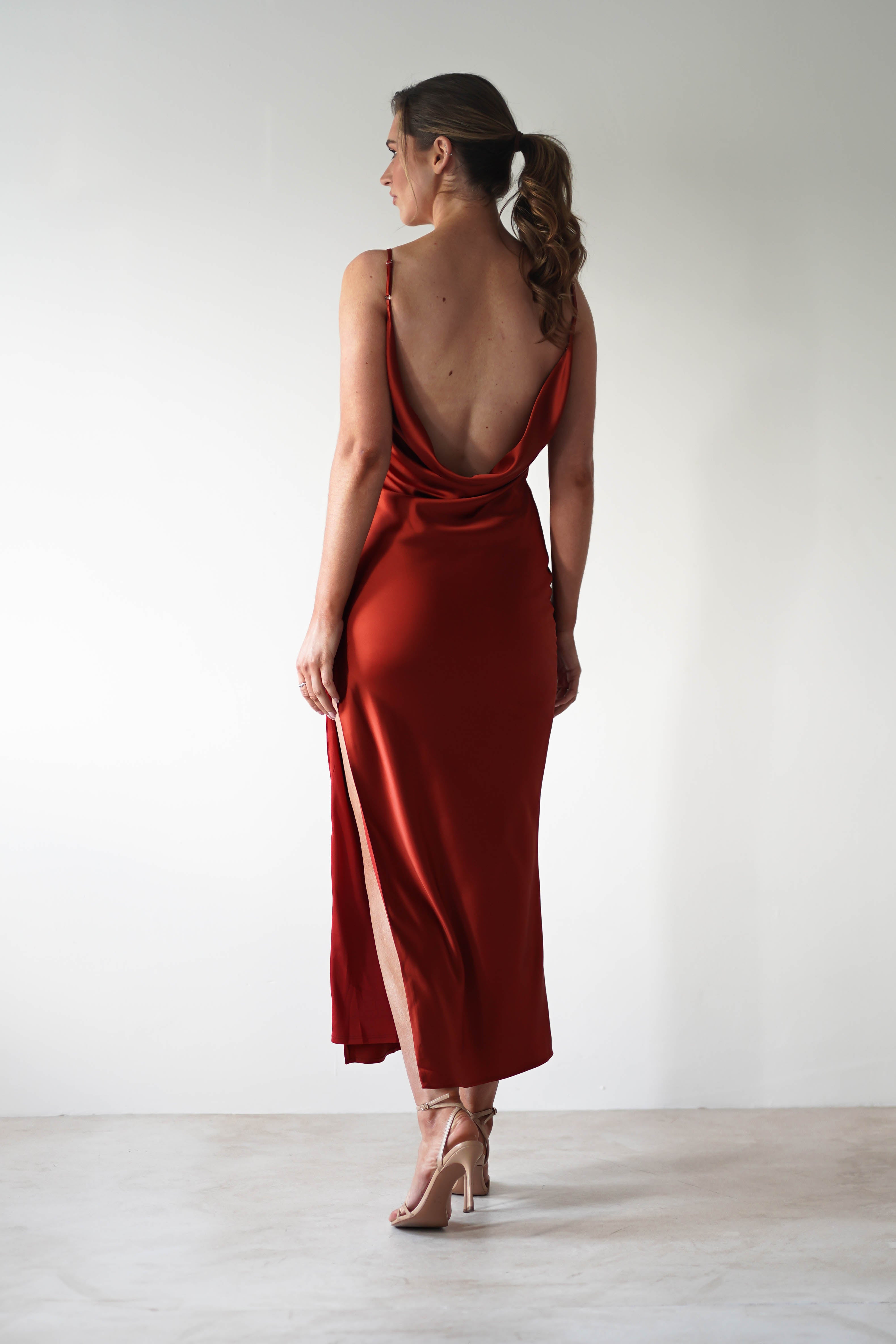Luiza Low Back Satin Maxi Dress | Rust - Oh Hello Clothing