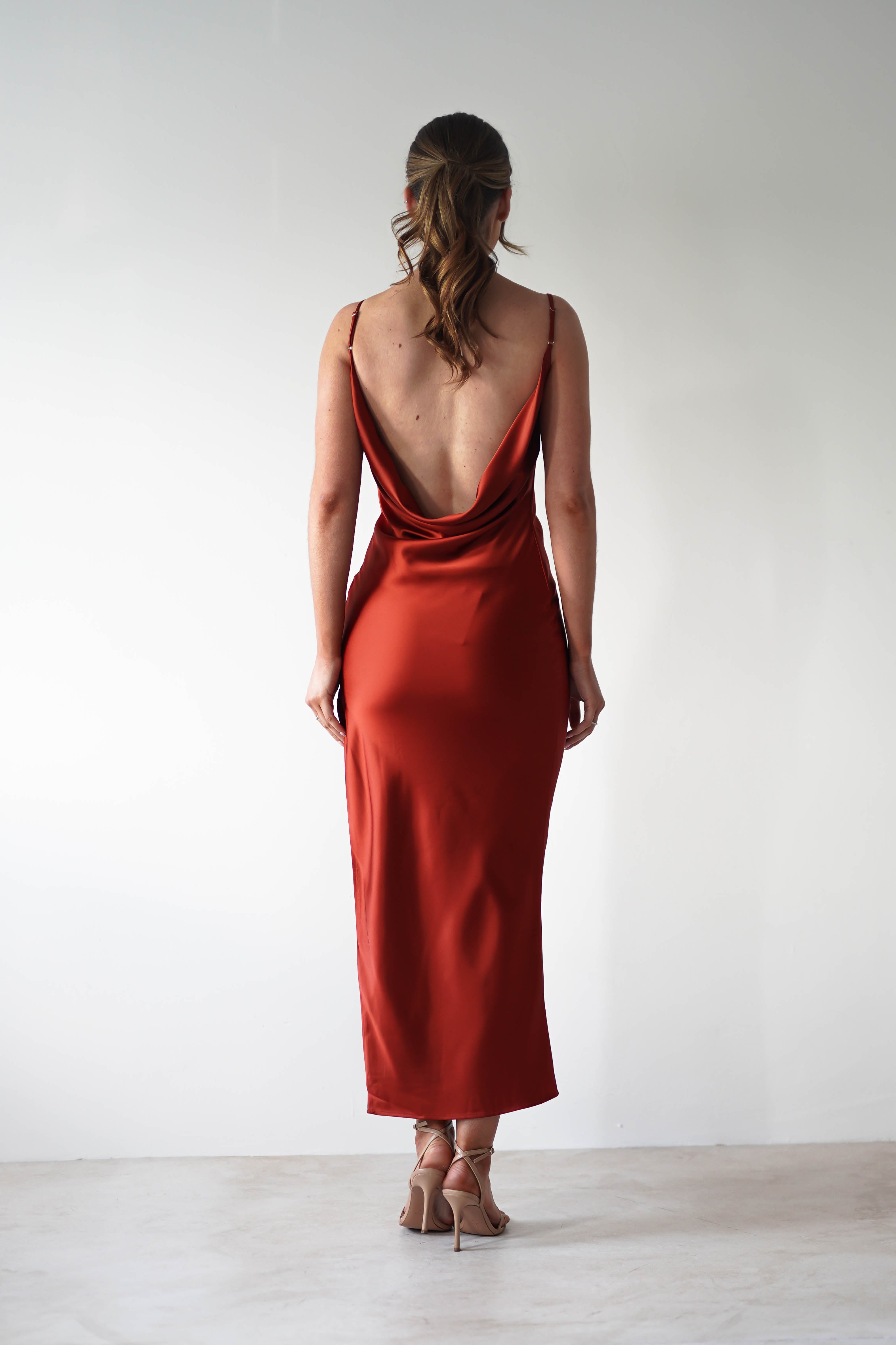 Luiza Low Back Satin Maxi Dress | Rust - Oh Hello Clothing