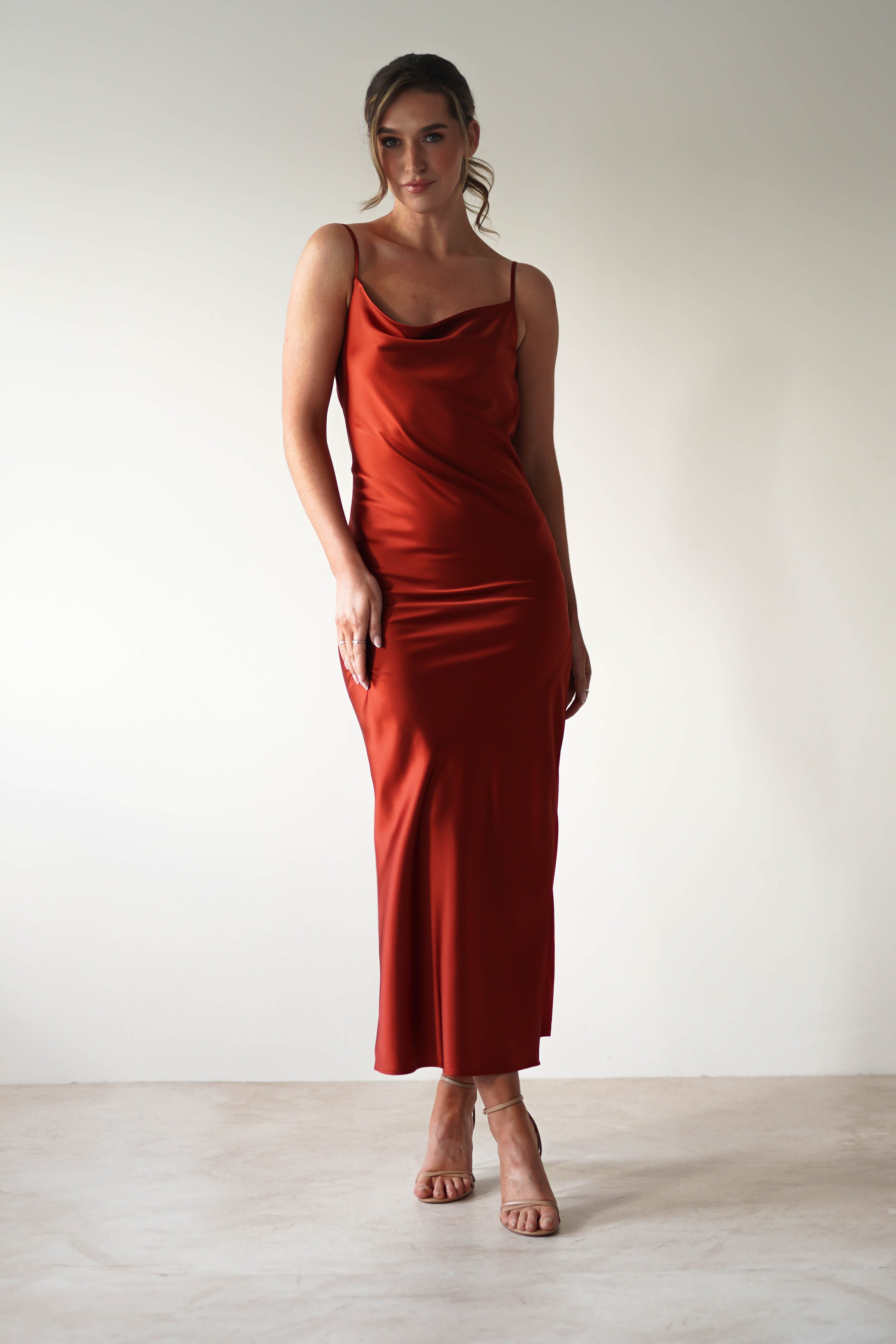 Luiza Low Back Satin Maxi Dress | Rust - Oh Hello Clothing