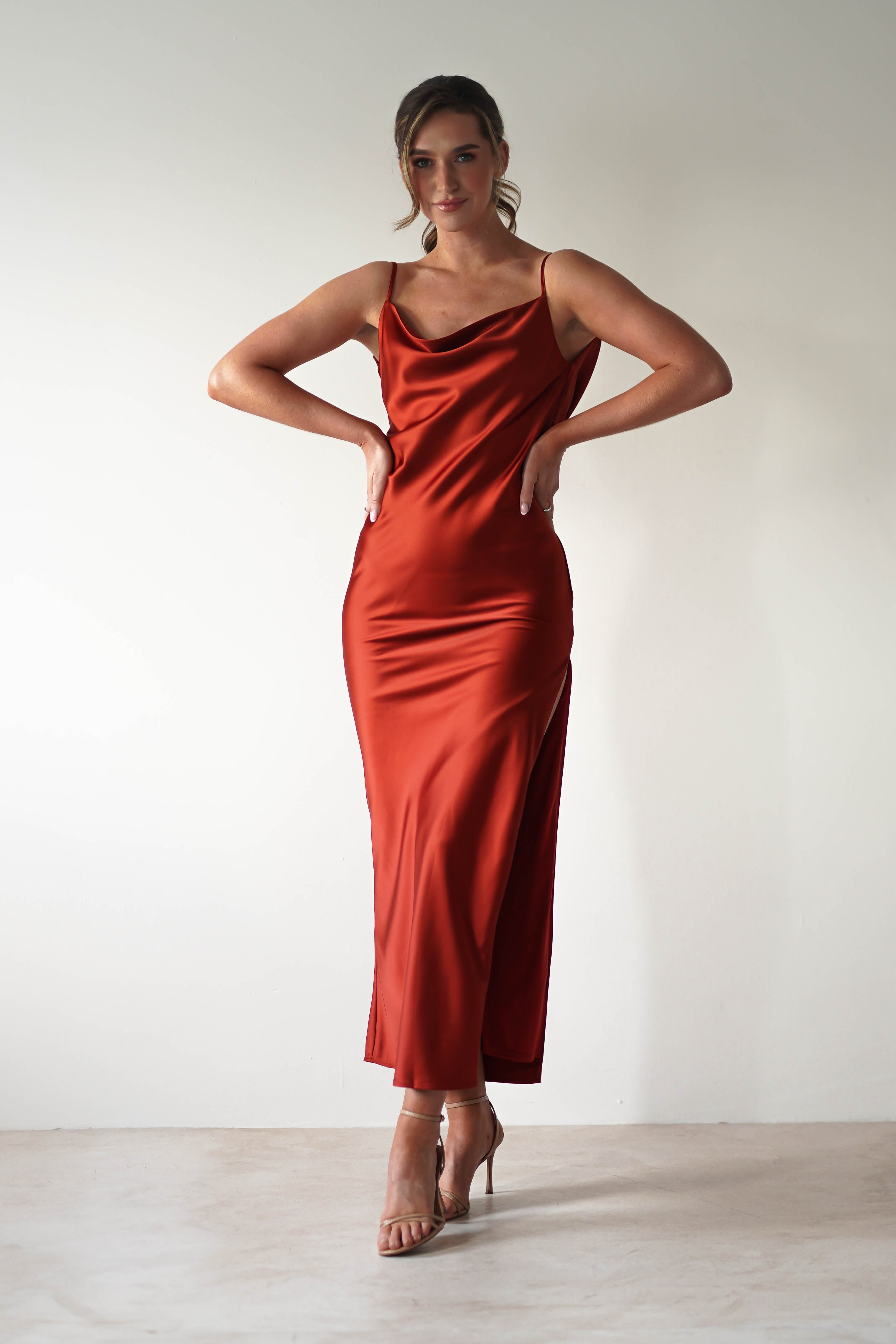 Luiza Low Back Satin Maxi Dress | Rust - Oh Hello Clothing