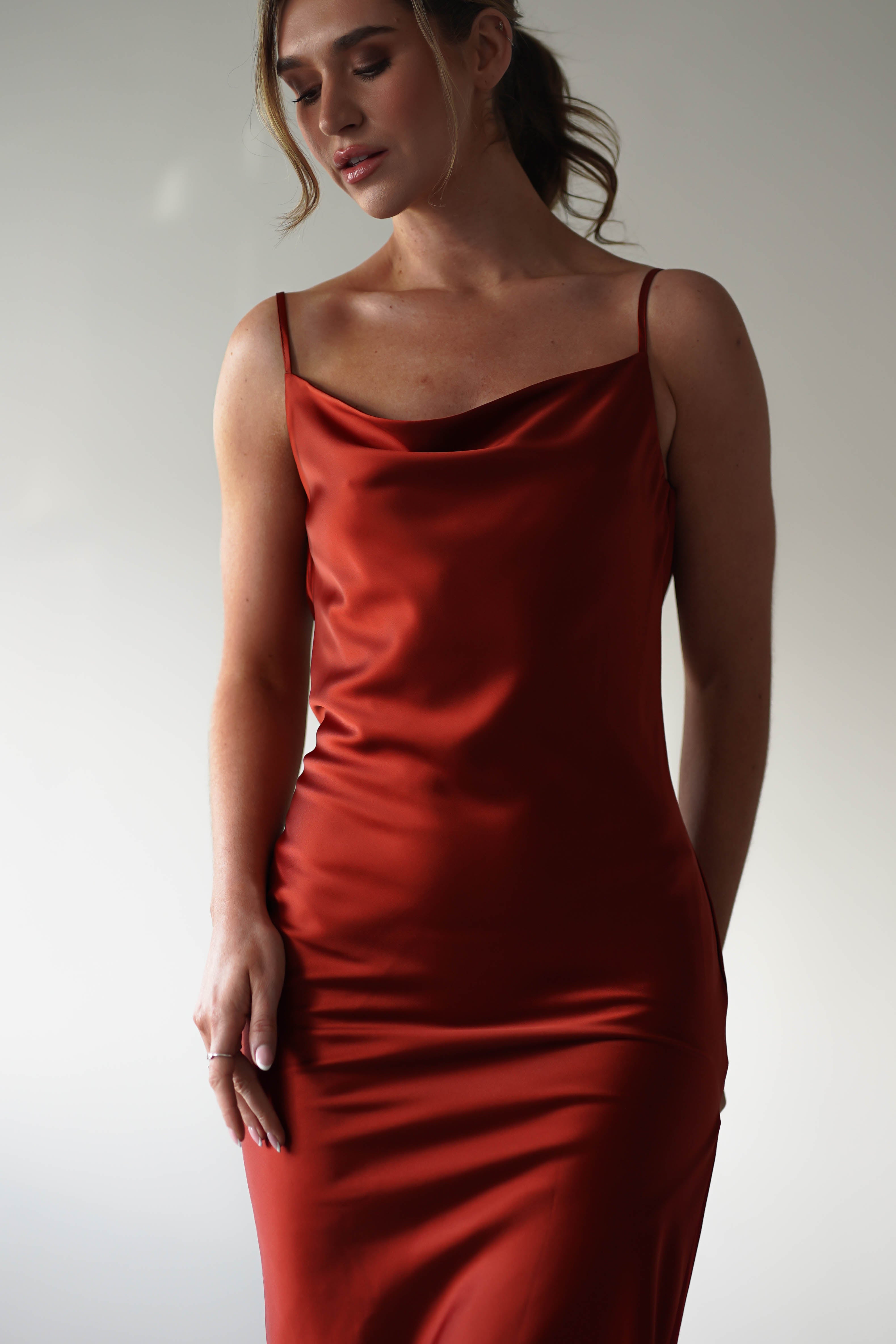 Luiza Low Back Satin Maxi Dress | Rust - Oh Hello Clothing