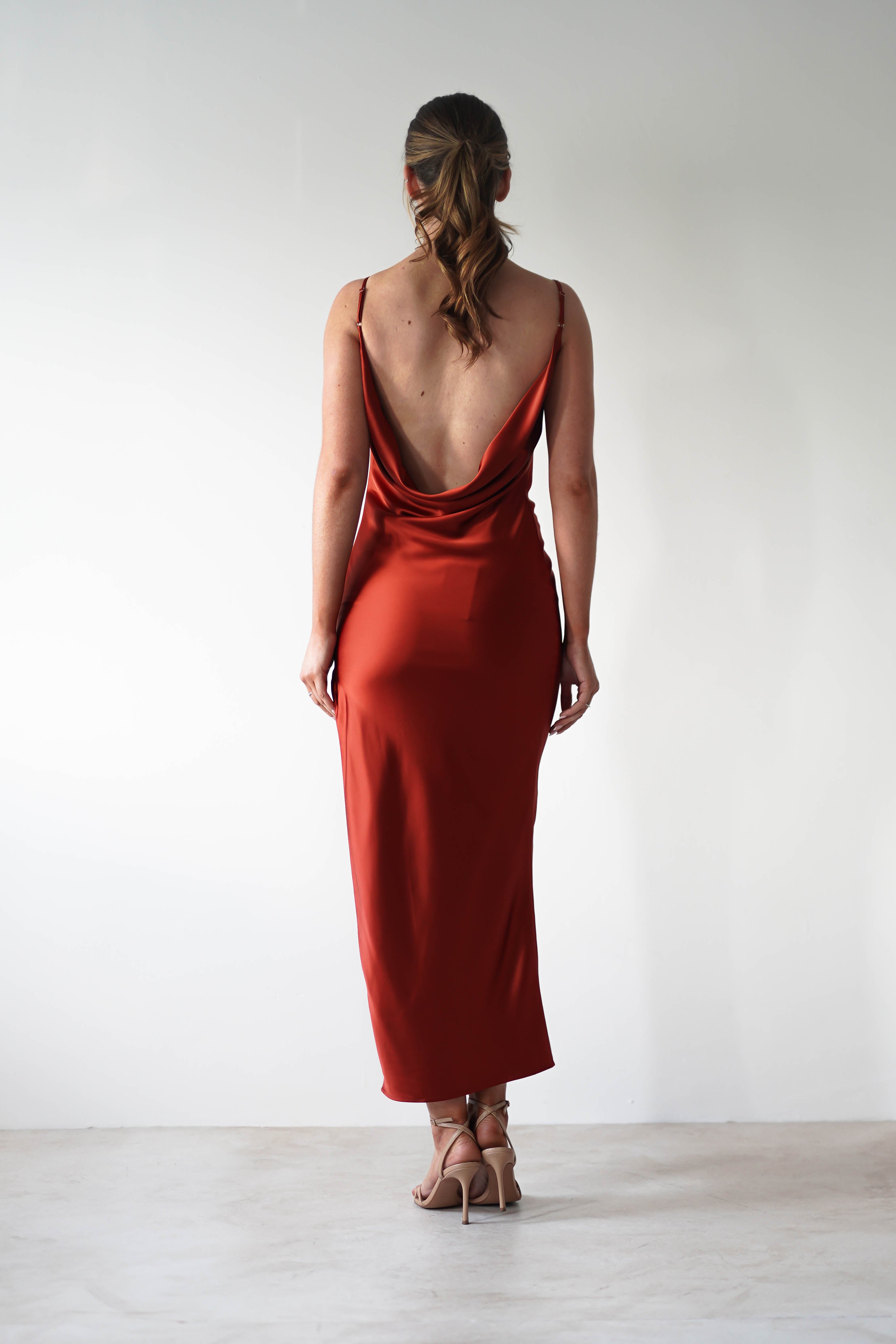 Luiza Low Back Satin Maxi Dress | Rust - Oh Hello Clothing