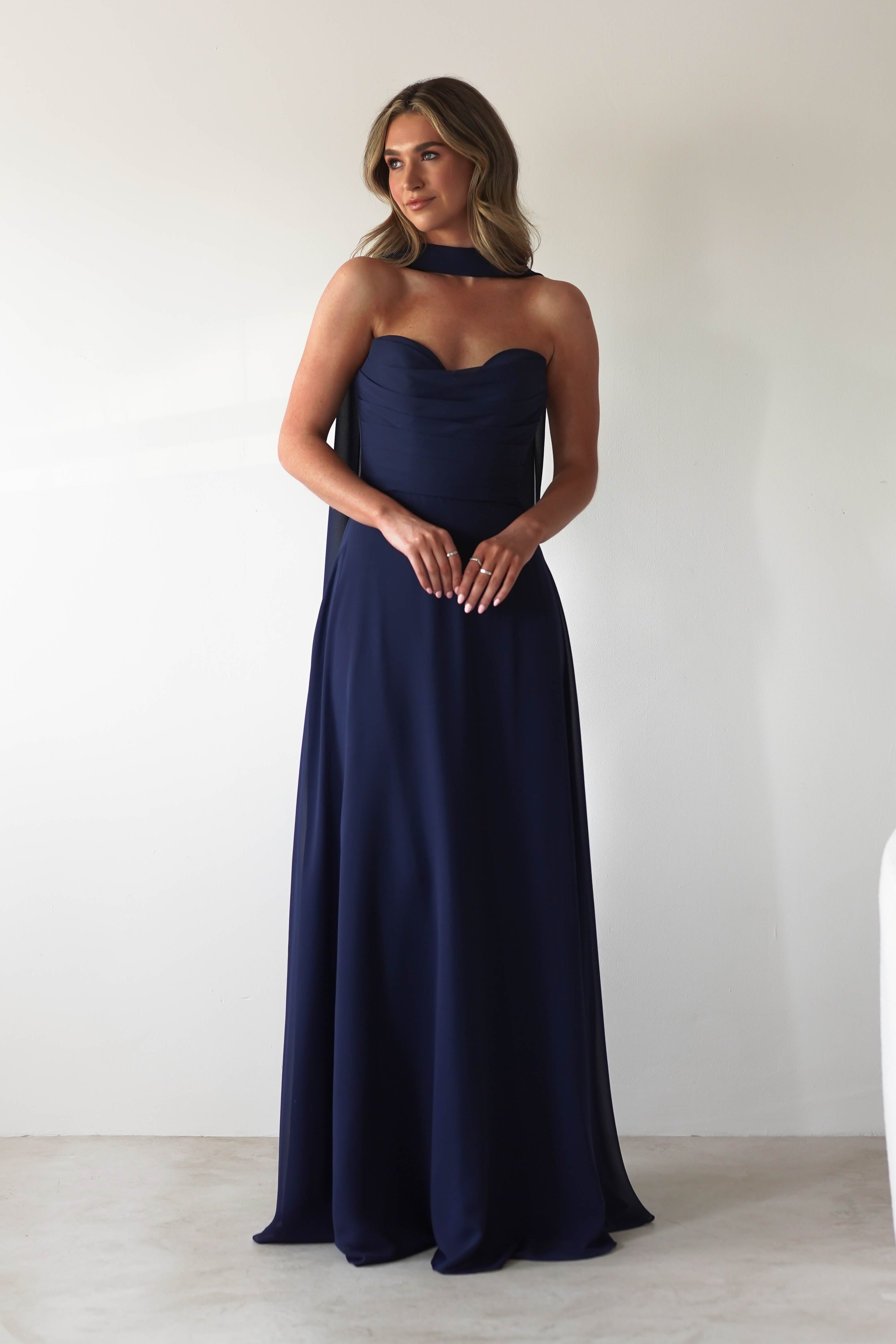 Delphine Chiffon Strapless Maxi Dress | Navy | Oh Hello Clothing | XS (6)