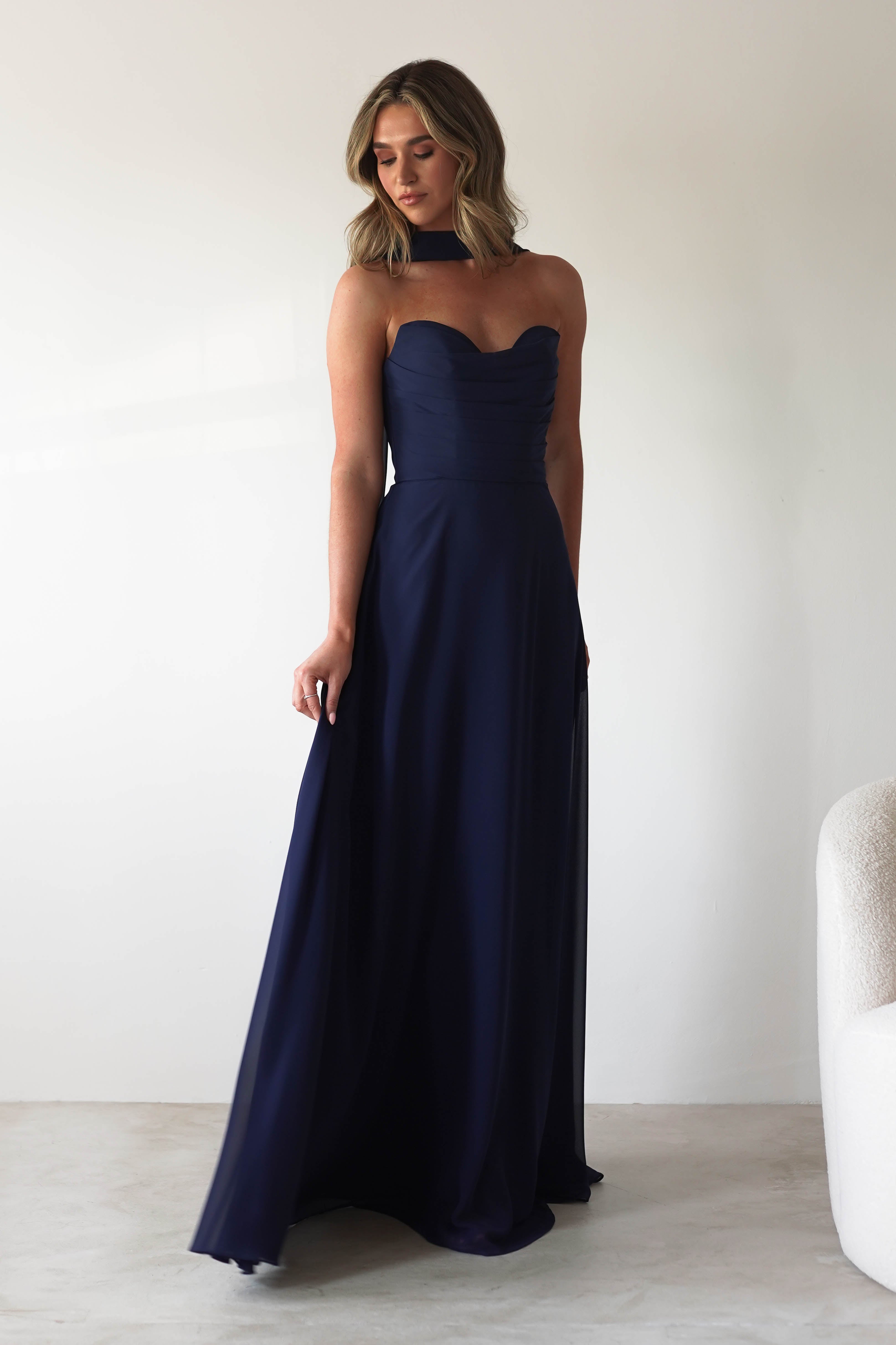 Delphine Chiffon Strapless Maxi Dress | Navy | Oh Hello Clothing | XS (6)